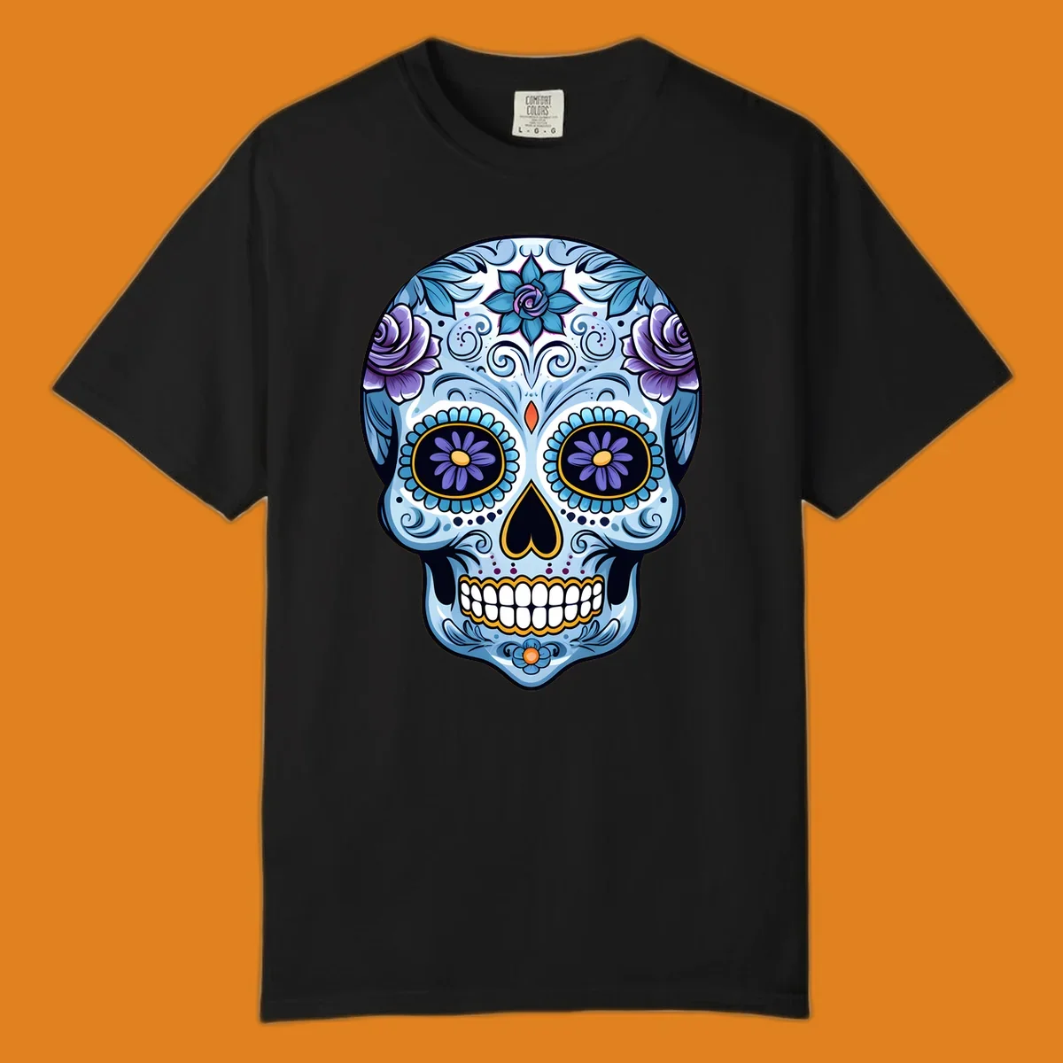 An ornate blue and purple floral calavera sugar skull illustration with intricate swirls and flower details.