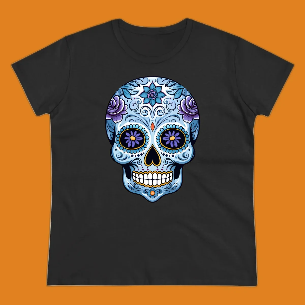 An ornate blue and purple floral calavera sugar skull illustration with intricate swirls and flower details.