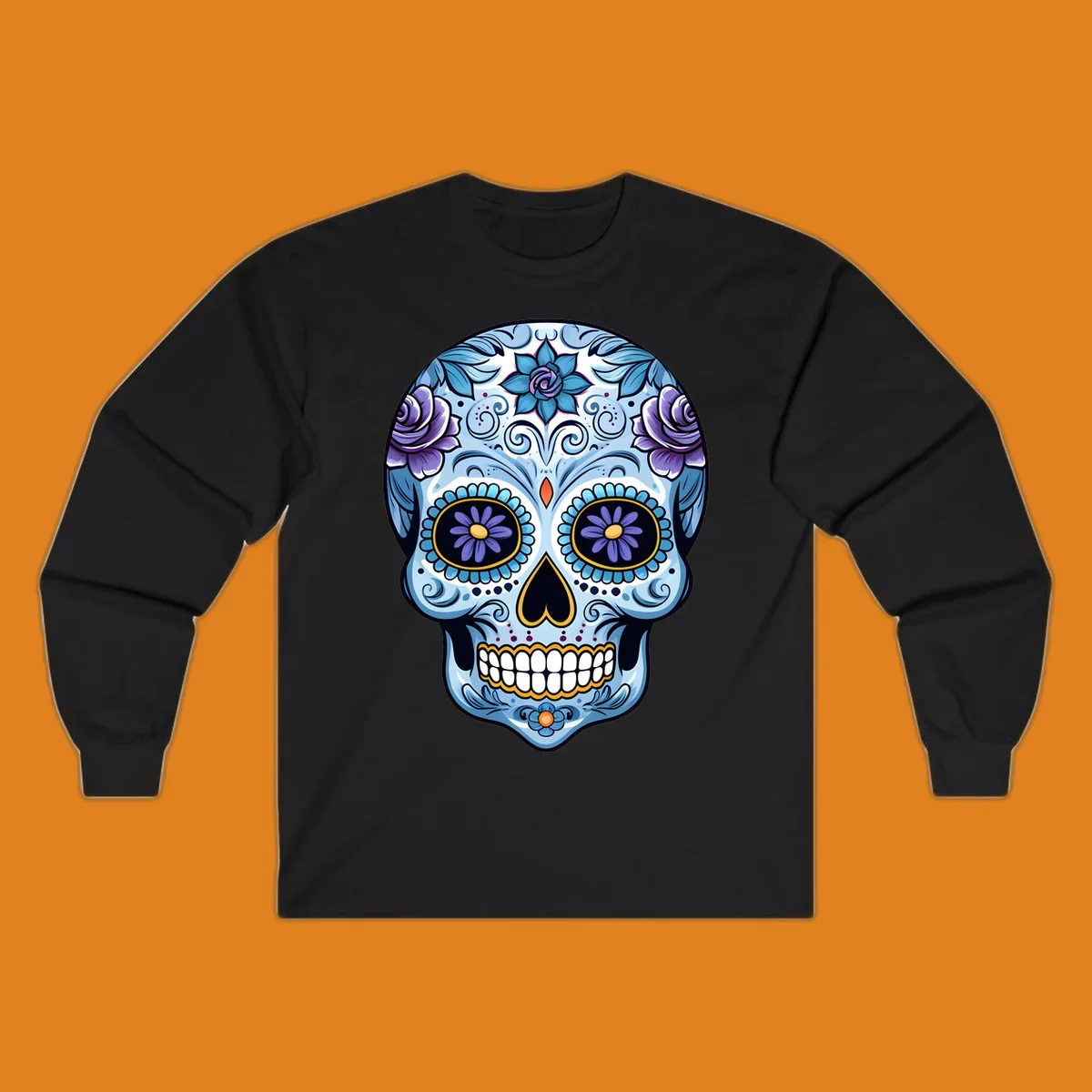 An ornate blue and purple floral calavera sugar skull illustration with intricate swirls and flower details.