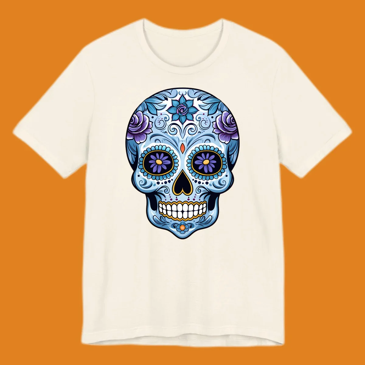 An ornate blue and purple floral calavera sugar skull illustration with intricate swirls and flower details.