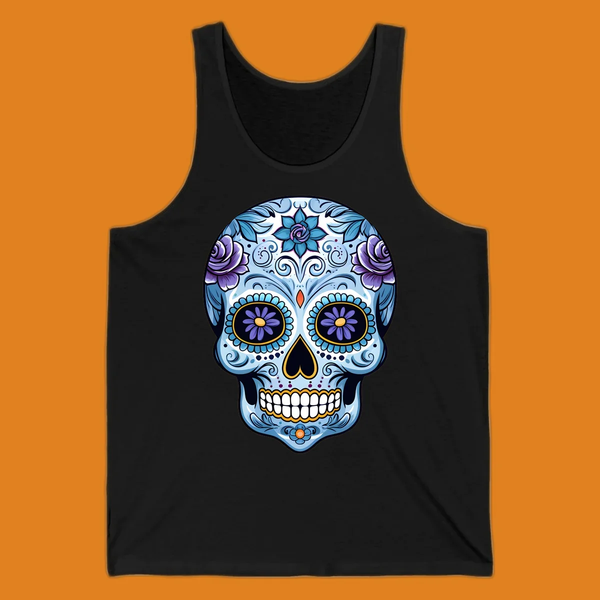 An ornate blue and purple floral calavera sugar skull illustration with intricate swirls and flower details.