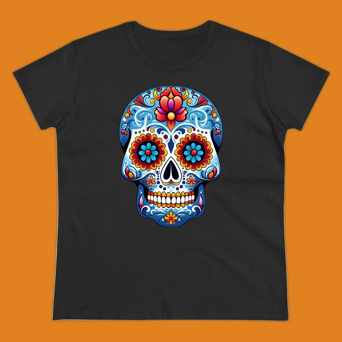 A highly detailed, vibrant floral sugar skull illustration in shades of blue, red, orange, yellow, and pink.