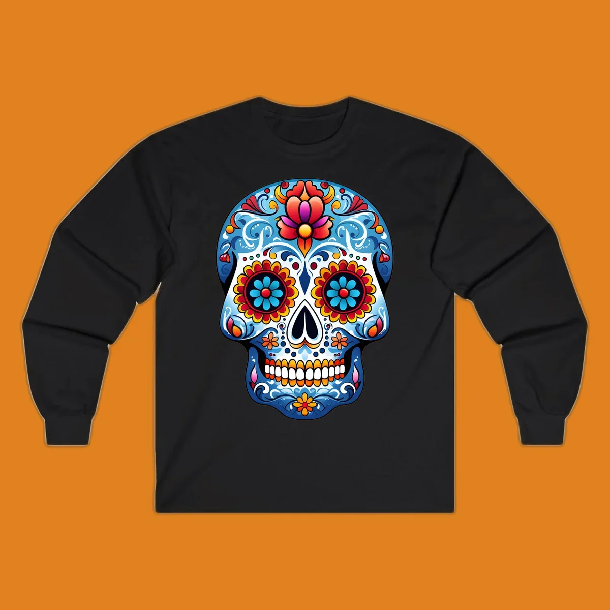 A highly detailed, vibrant floral sugar skull illustration in shades of blue, red, orange, yellow, and pink.