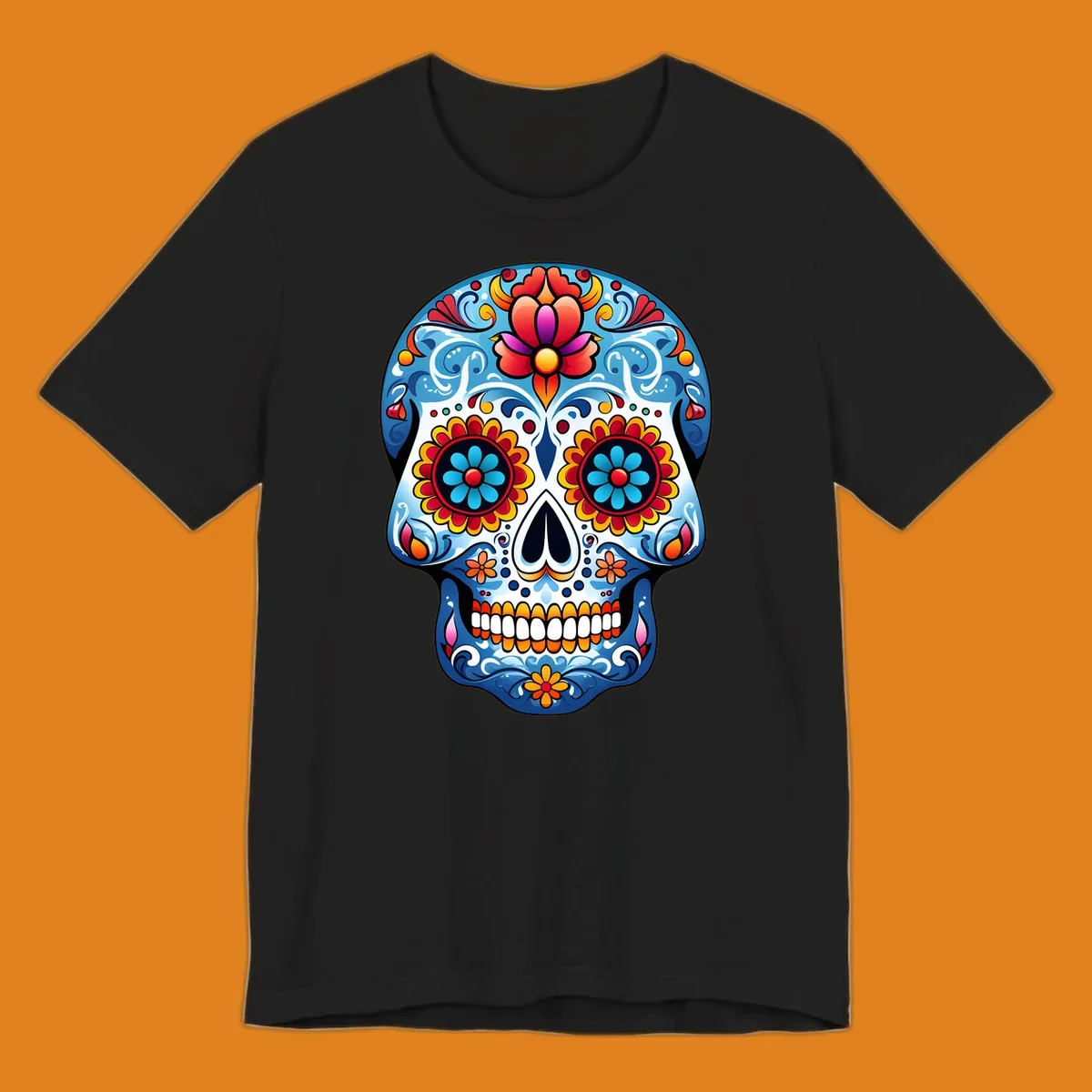 A highly detailed, vibrant floral sugar skull illustration in shades of blue, red, orange, yellow, and pink.