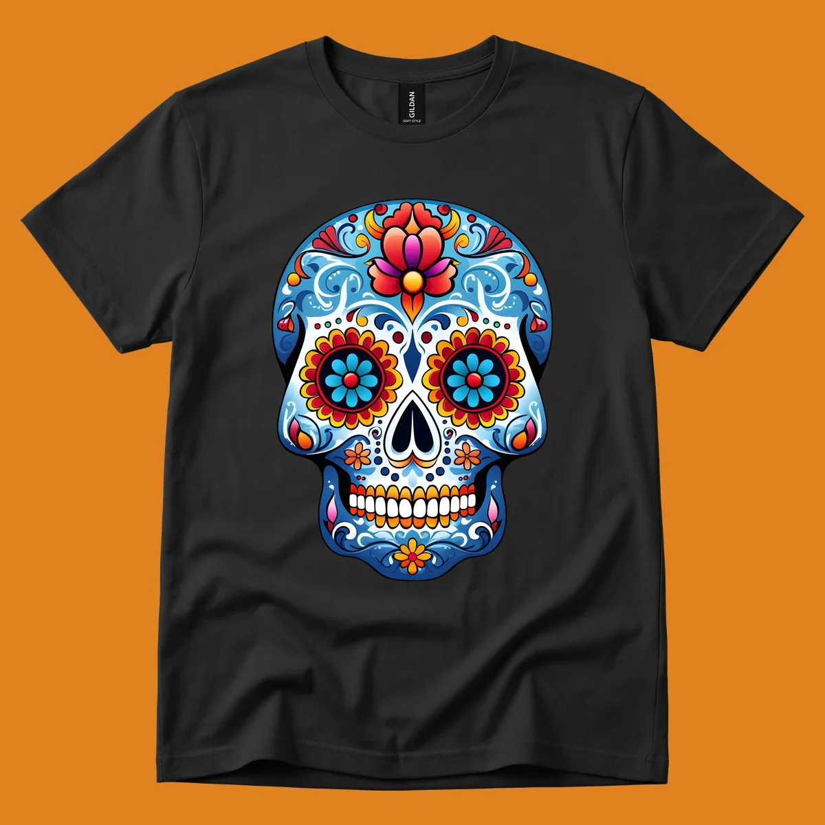 A highly detailed, vibrant floral sugar skull illustration in shades of blue, red, orange, yellow, and pink.