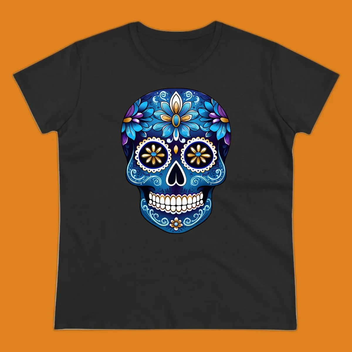 A vibrant blue floral sugar skull illustration with gold and purple accents, intricate scrollwork, and white teeth.