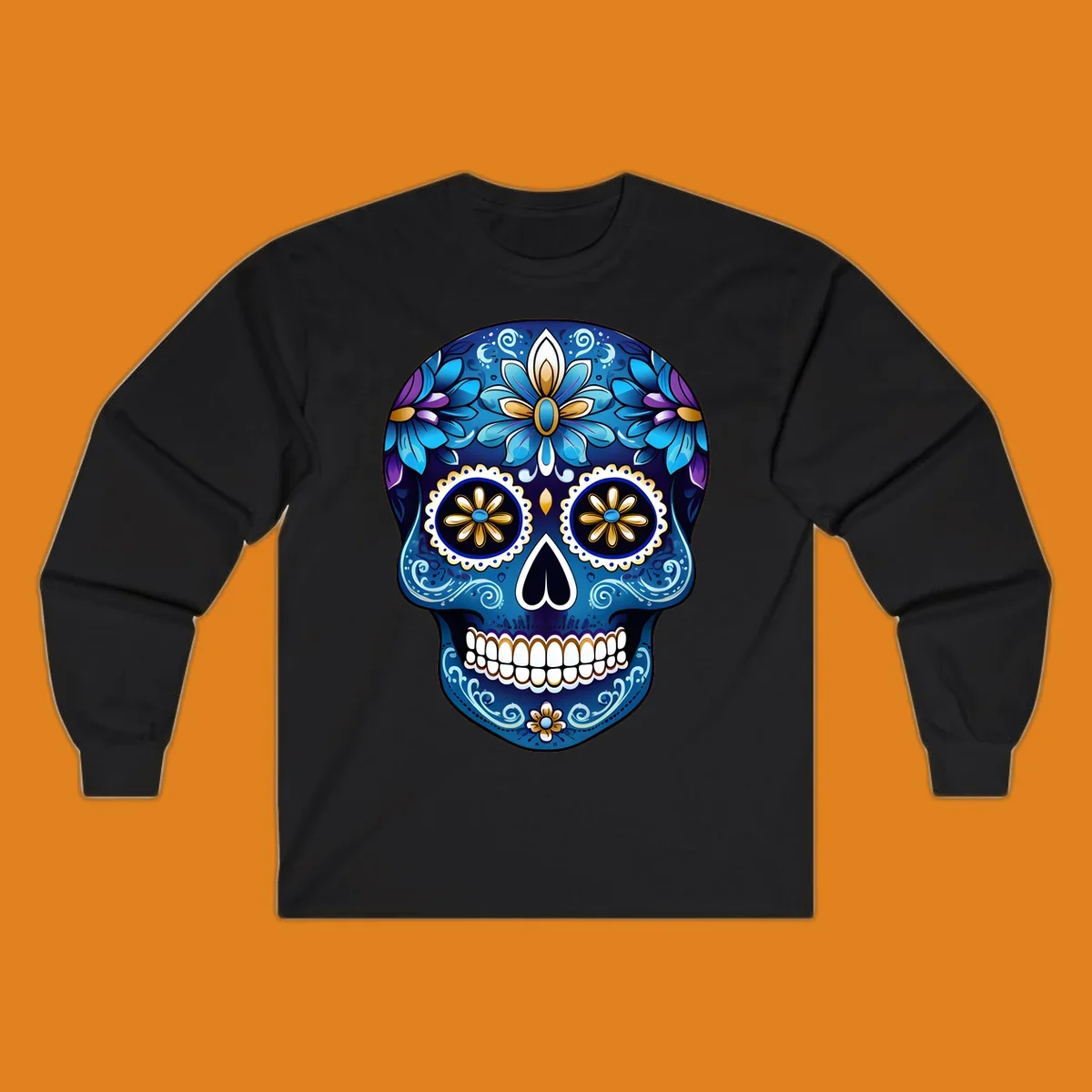 A vibrant blue floral sugar skull illustration with gold and purple accents, intricate scrollwork, and white teeth.