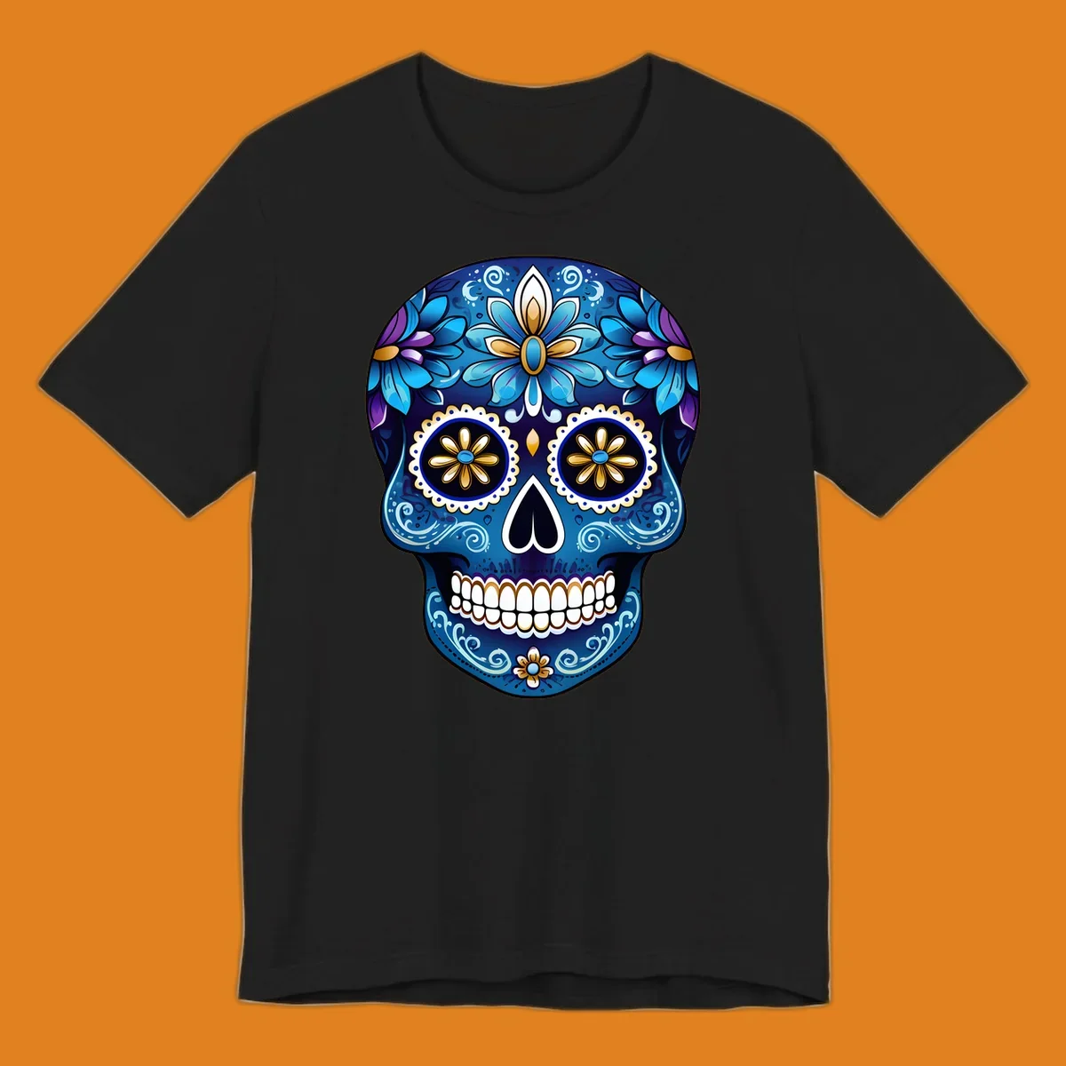 A vibrant blue floral sugar skull illustration with gold and purple accents, intricate scrollwork, and white teeth.