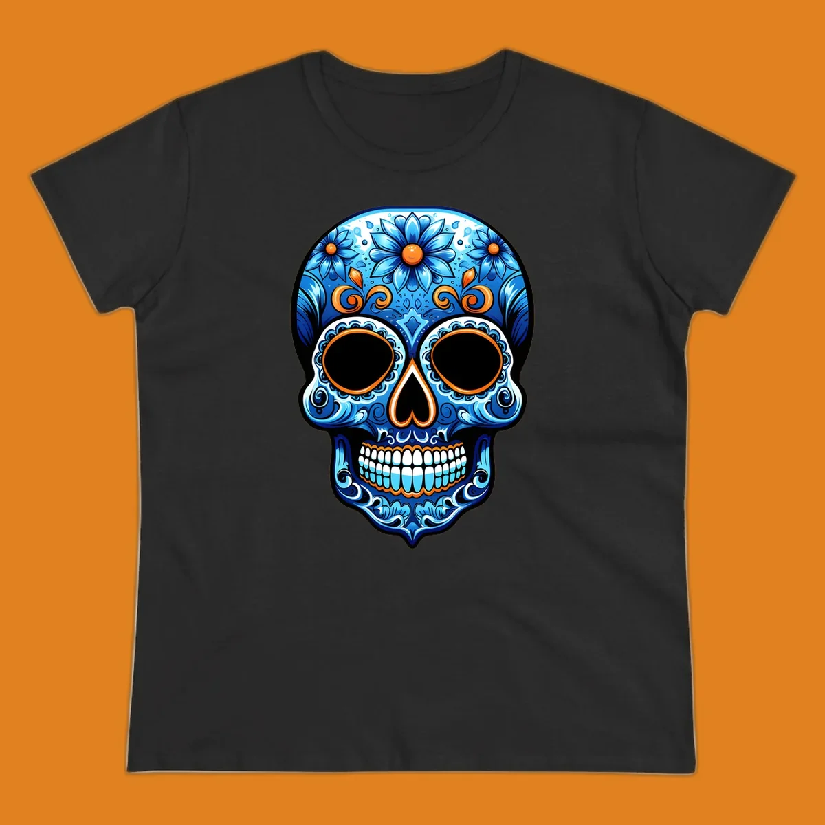 An ornate vibrant floral calavera skull illustration featuring shades of blue, orange accents, and intricate patterns.
