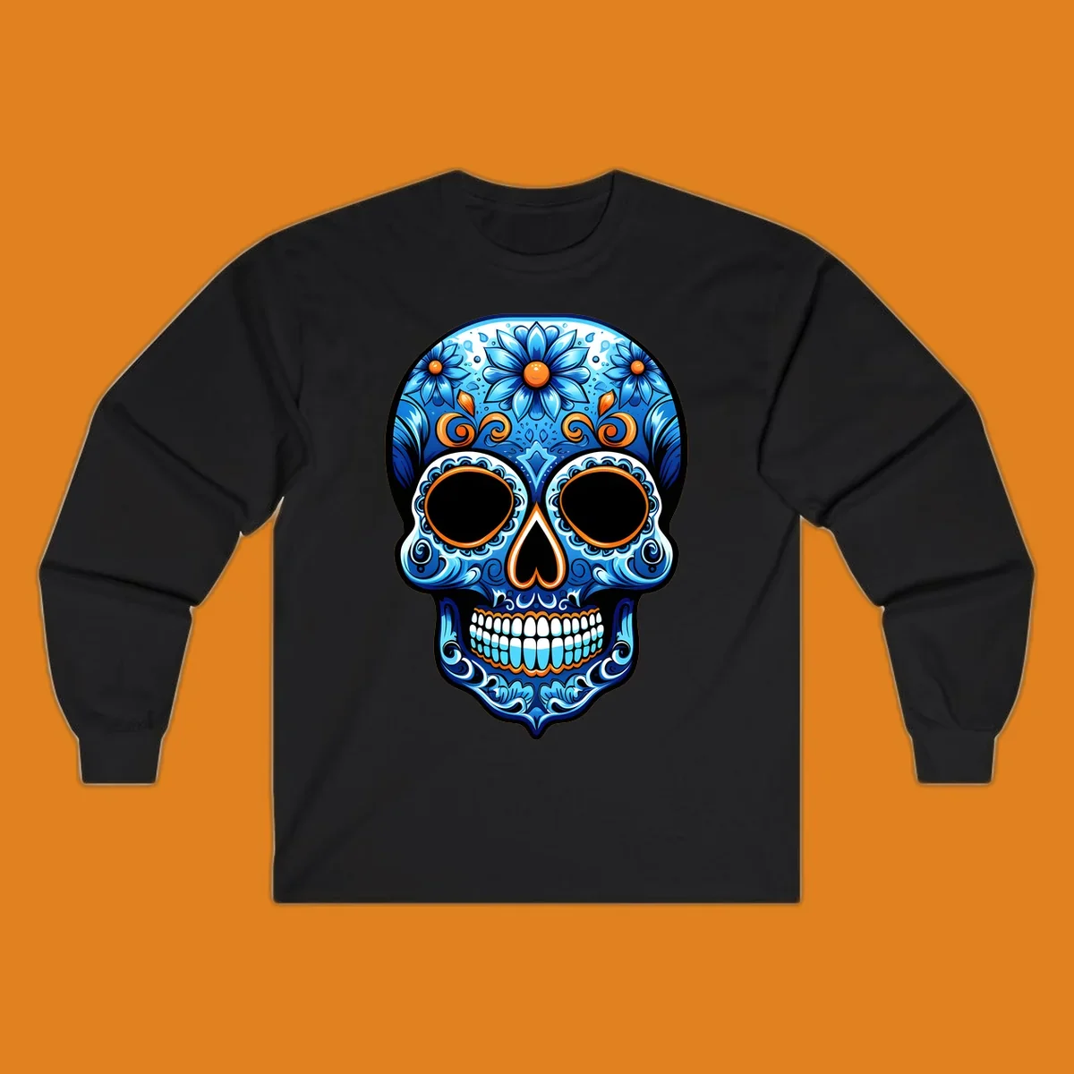 An ornate vibrant floral calavera skull illustration featuring shades of blue, orange accents, and intricate patterns.