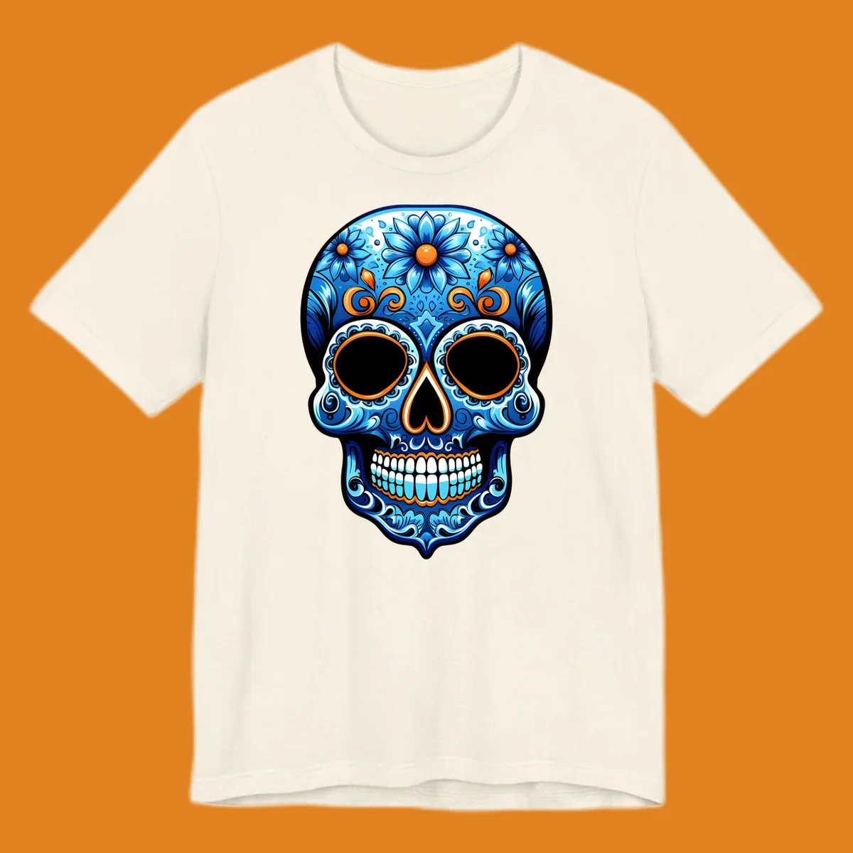 An ornate vibrant floral calavera skull illustration featuring shades of blue, orange accents, and intricate patterns.