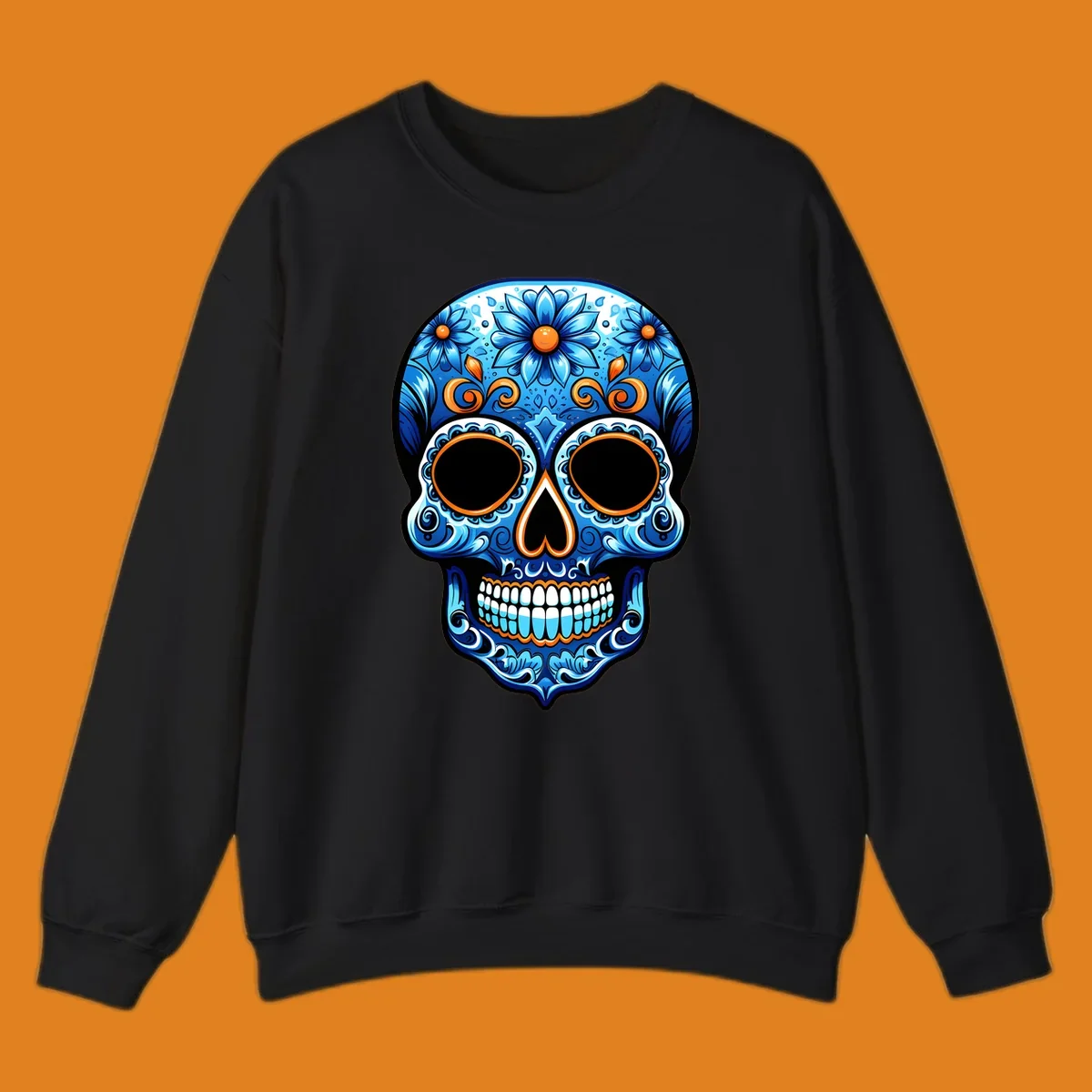 An ornate vibrant floral calavera skull illustration featuring shades of blue, orange accents, and intricate patterns.
