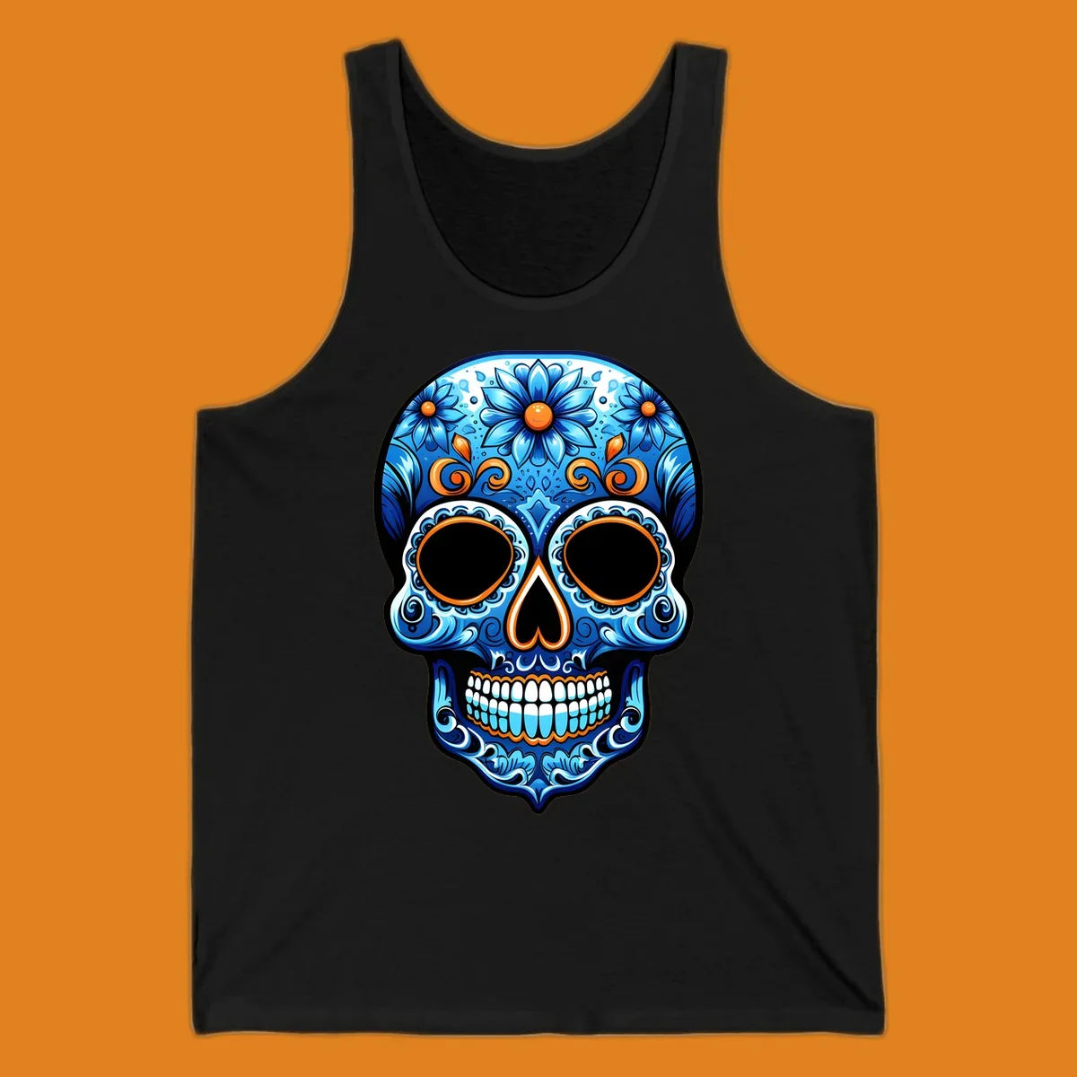 An ornate vibrant floral calavera skull illustration featuring shades of blue, orange accents, and intricate patterns.