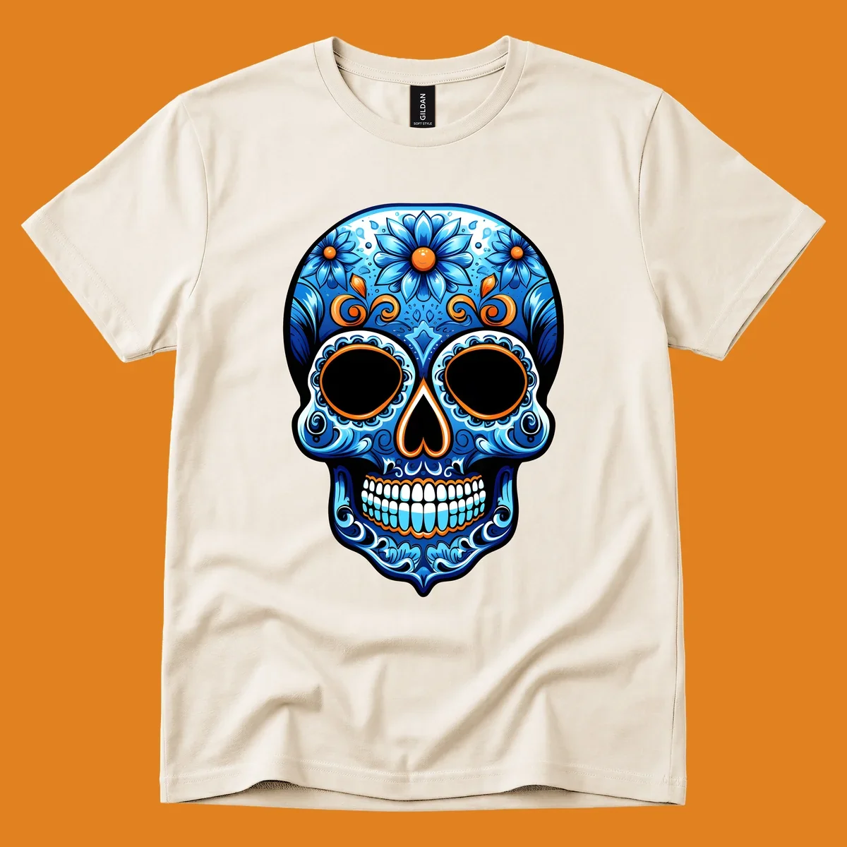An ornate vibrant floral calavera skull illustration featuring shades of blue, orange accents, and intricate patterns.