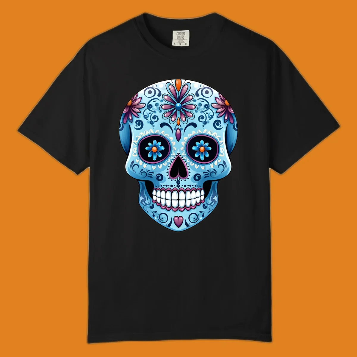 A highly detailed, light blue calavera sugar skull with purple and pink flowers, orange accents, and black eyes. Features intricate-blue-calavera-skull.