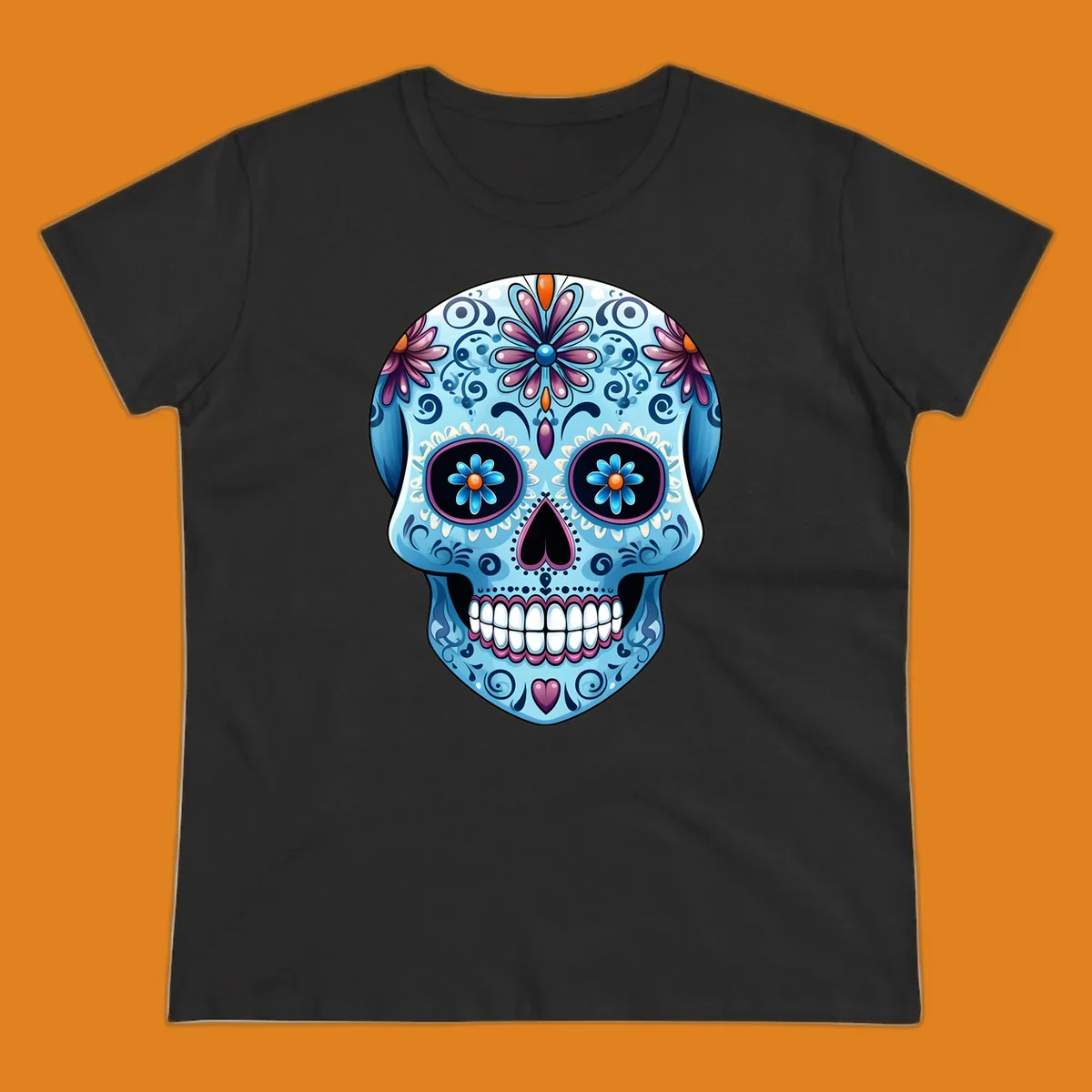 A highly detailed, light blue calavera sugar skull with purple and pink flowers, orange accents, and black eyes. Features intricate-blue-calavera-skull.