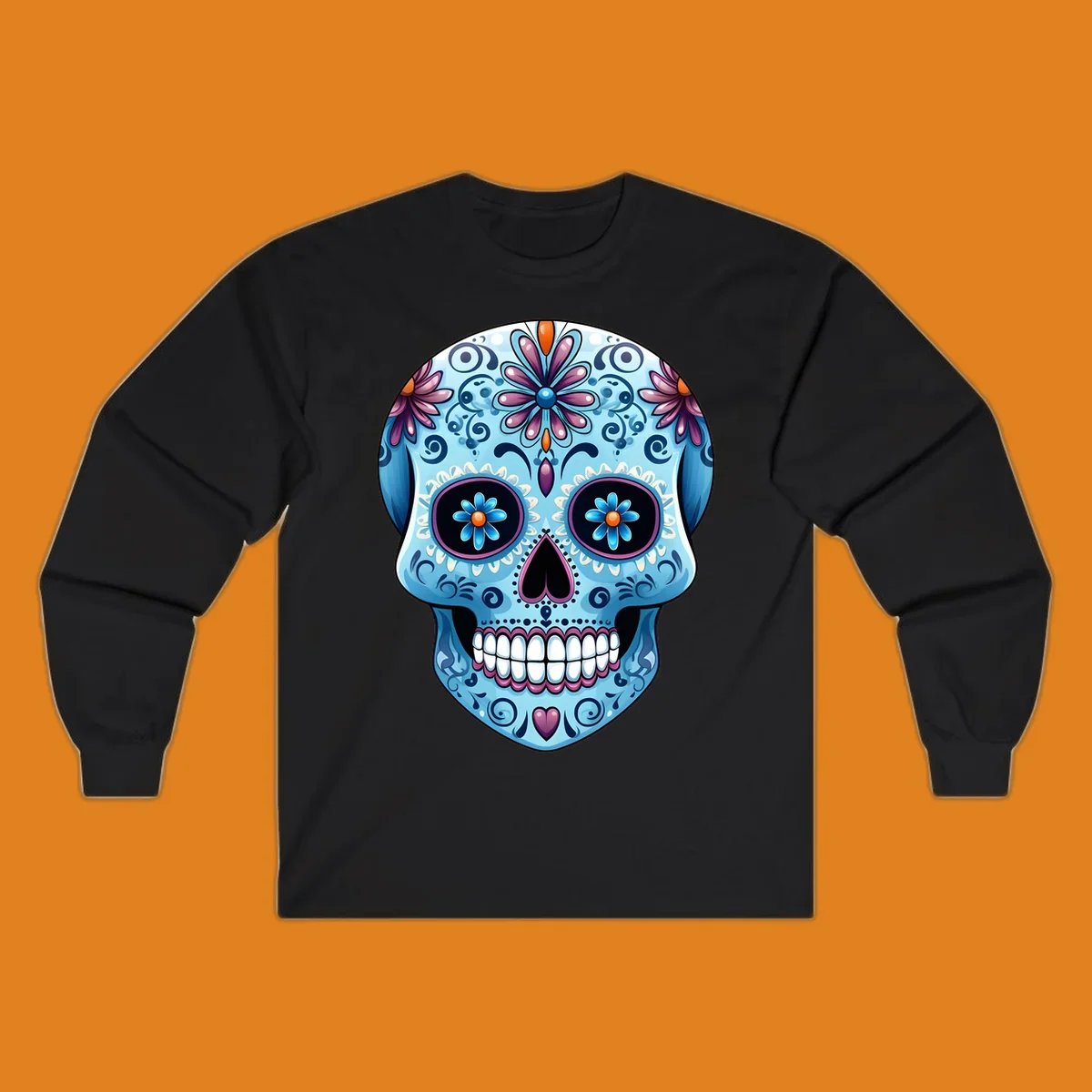 A highly detailed, light blue calavera sugar skull with purple and pink flowers, orange accents, and black eyes. Features intricate-blue-calavera-skull.