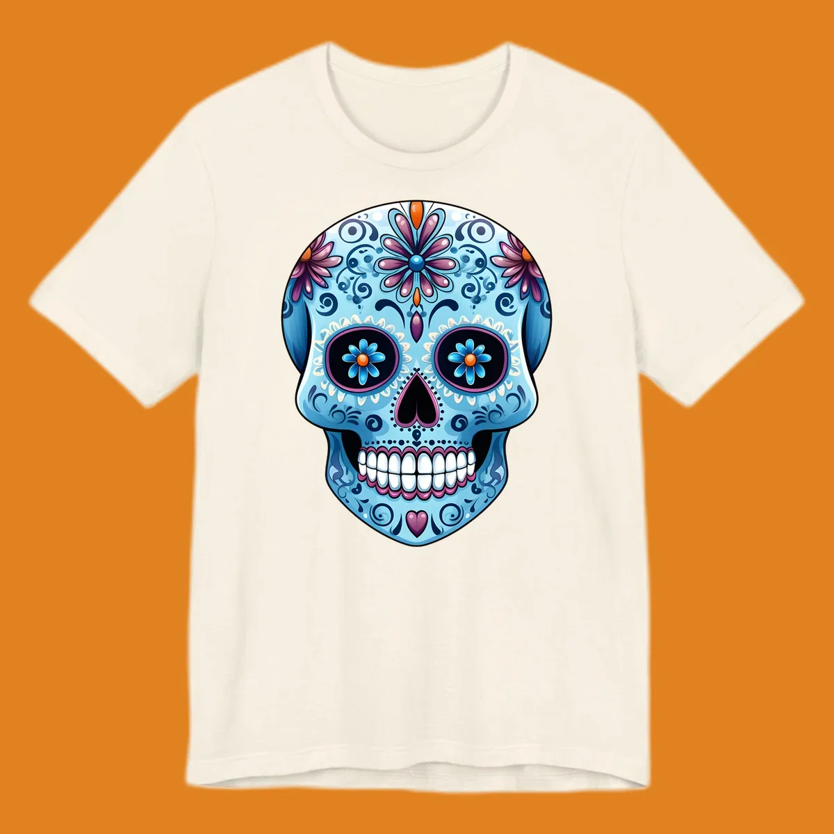 A highly detailed, light blue calavera sugar skull with purple and pink flowers, orange accents, and black eyes. Features intricate-blue-calavera-skull.