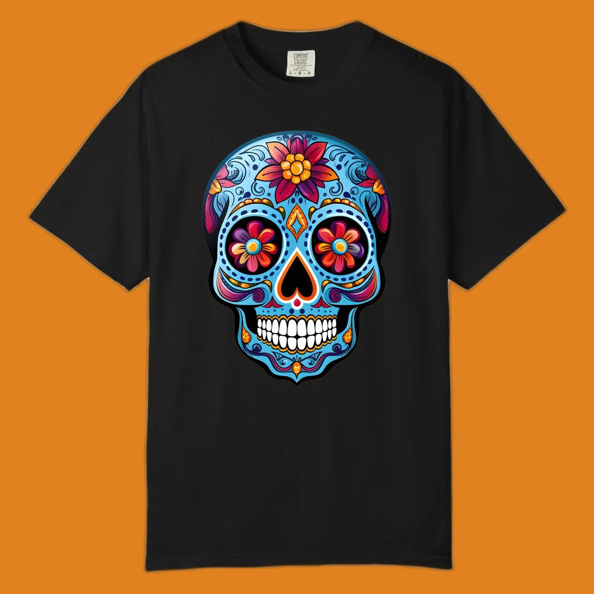 A vibrant floral sugar skull illustration with intricate blue, red, orange, purple, and gold patterns, flower eyes, and white teeth.