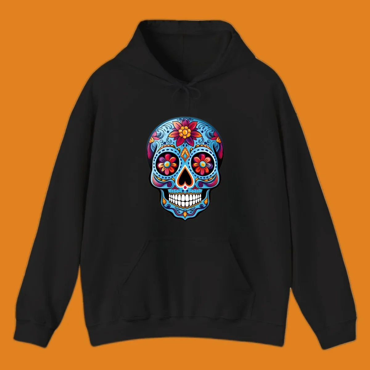 A vibrant floral sugar skull illustration with intricate blue, red, orange, purple, and gold patterns, flower eyes, and white teeth.
