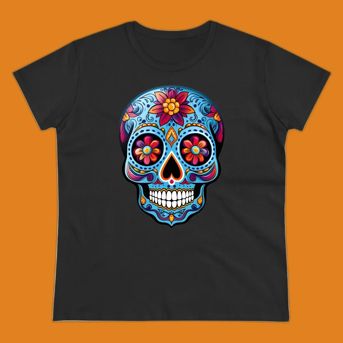 A vibrant floral sugar skull illustration with intricate blue, red, orange, purple, and gold patterns, flower eyes, and white teeth.