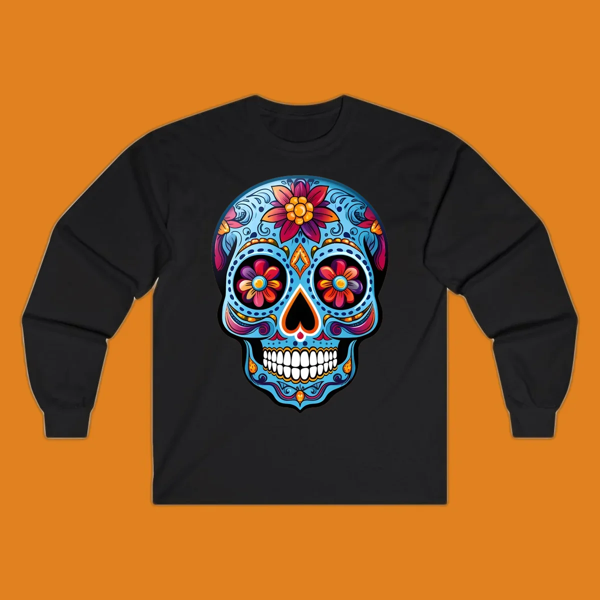 A vibrant floral sugar skull illustration with intricate blue, red, orange, purple, and gold patterns, flower eyes, and white teeth.