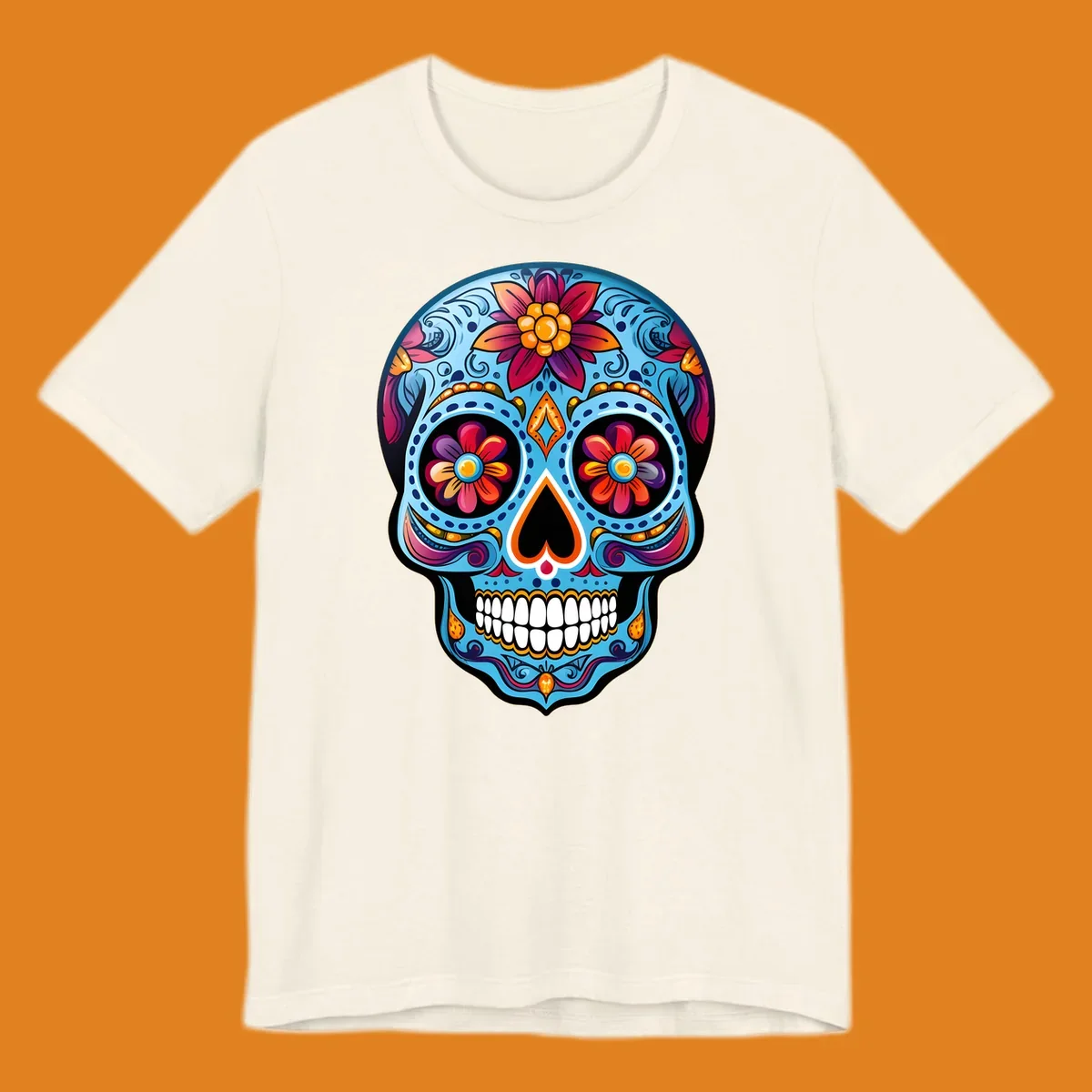 A vibrant floral sugar skull illustration with intricate blue, red, orange, purple, and gold patterns, flower eyes, and white teeth.