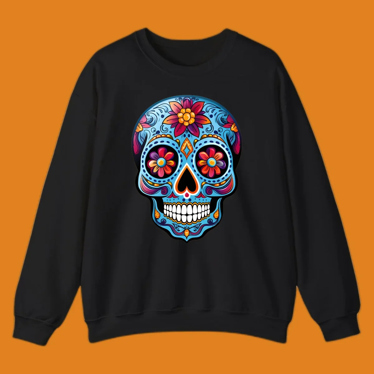 A vibrant floral sugar skull illustration with intricate blue, red, orange, purple, and gold patterns, flower eyes, and white teeth.