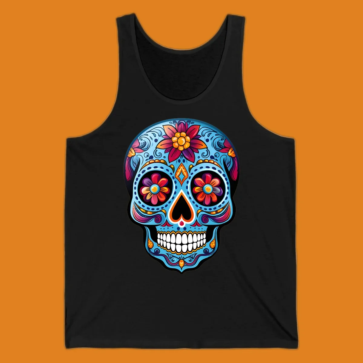 A vibrant floral sugar skull illustration with intricate blue, red, orange, purple, and gold patterns, flower eyes, and white teeth.
