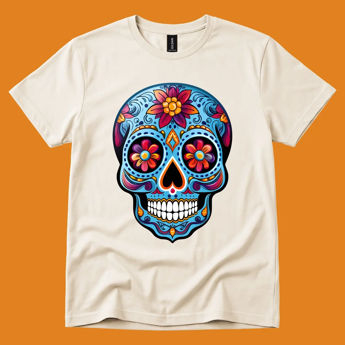 A vibrant floral sugar skull illustration with intricate blue, red, orange, purple, and gold patterns, flower eyes, and white teeth.