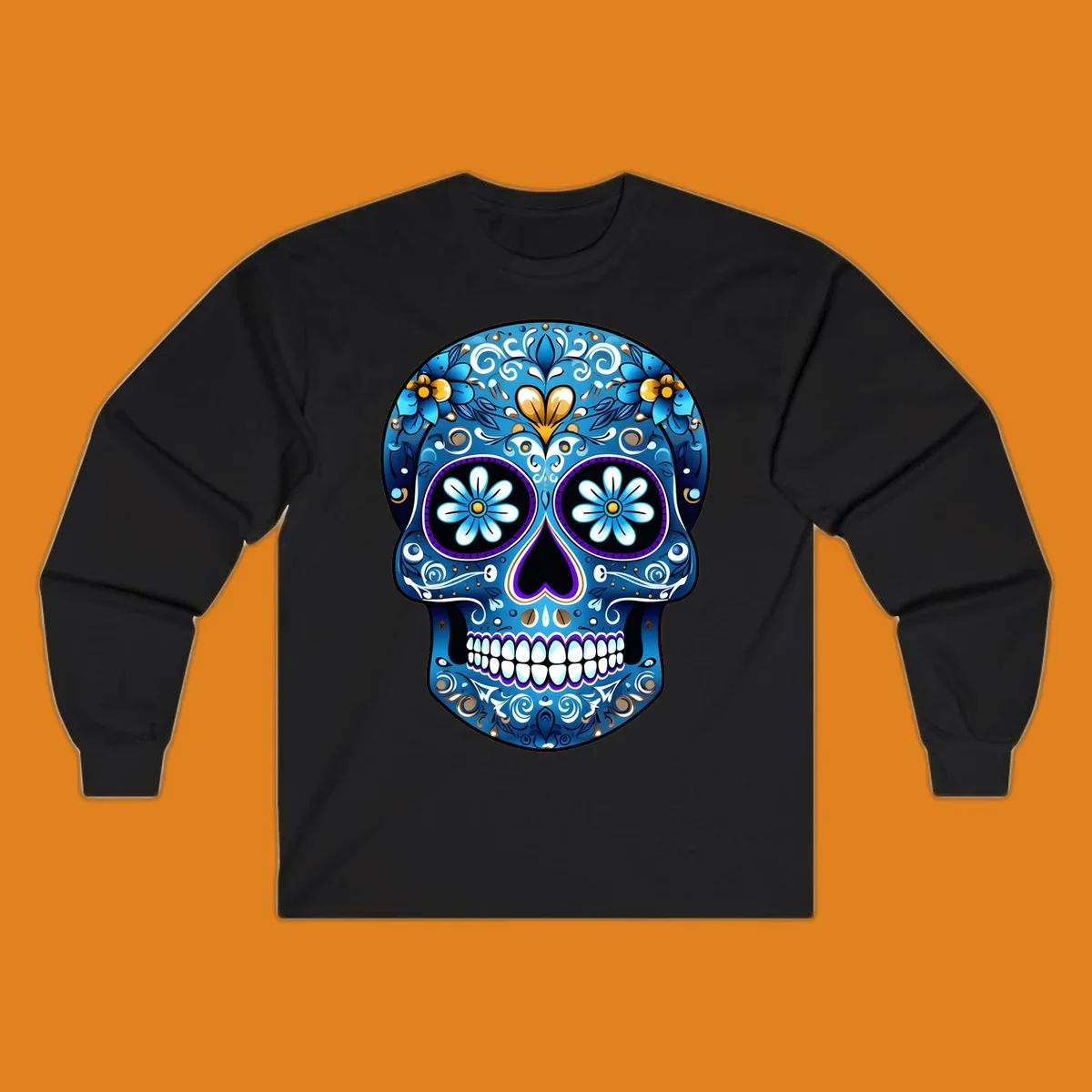 A vibrant blue floral sugar-skull illustration. The calavera is adorned with white, gold, and purple swirls and flowers.