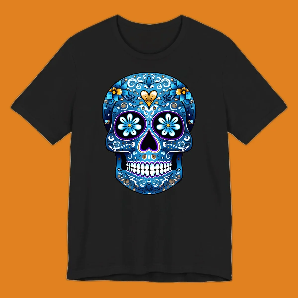 A vibrant blue floral sugar-skull illustration. The calavera is adorned with white, gold, and purple swirls and flowers.