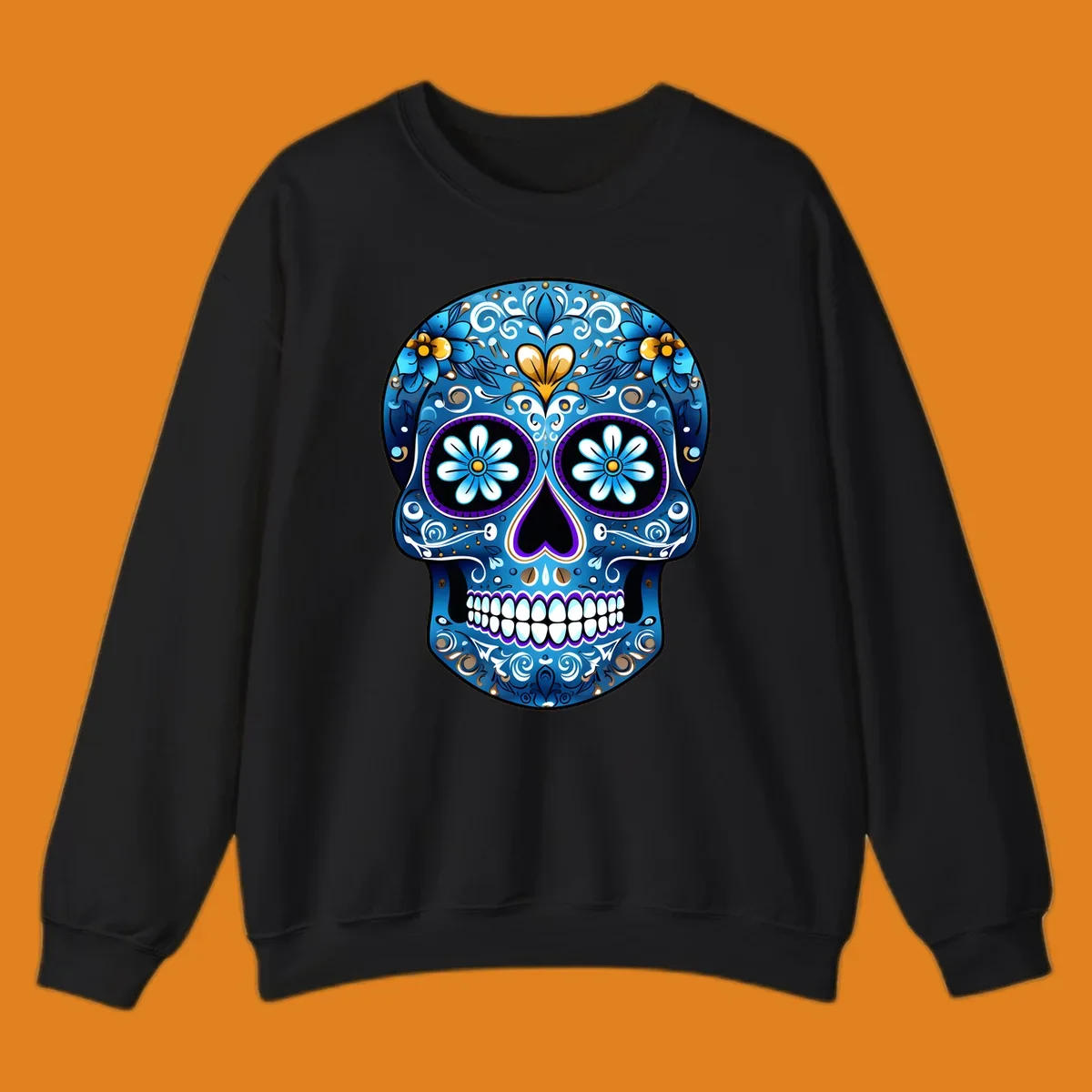 A vibrant blue floral sugar-skull illustration. The calavera is adorned with white, gold, and purple swirls and flowers.