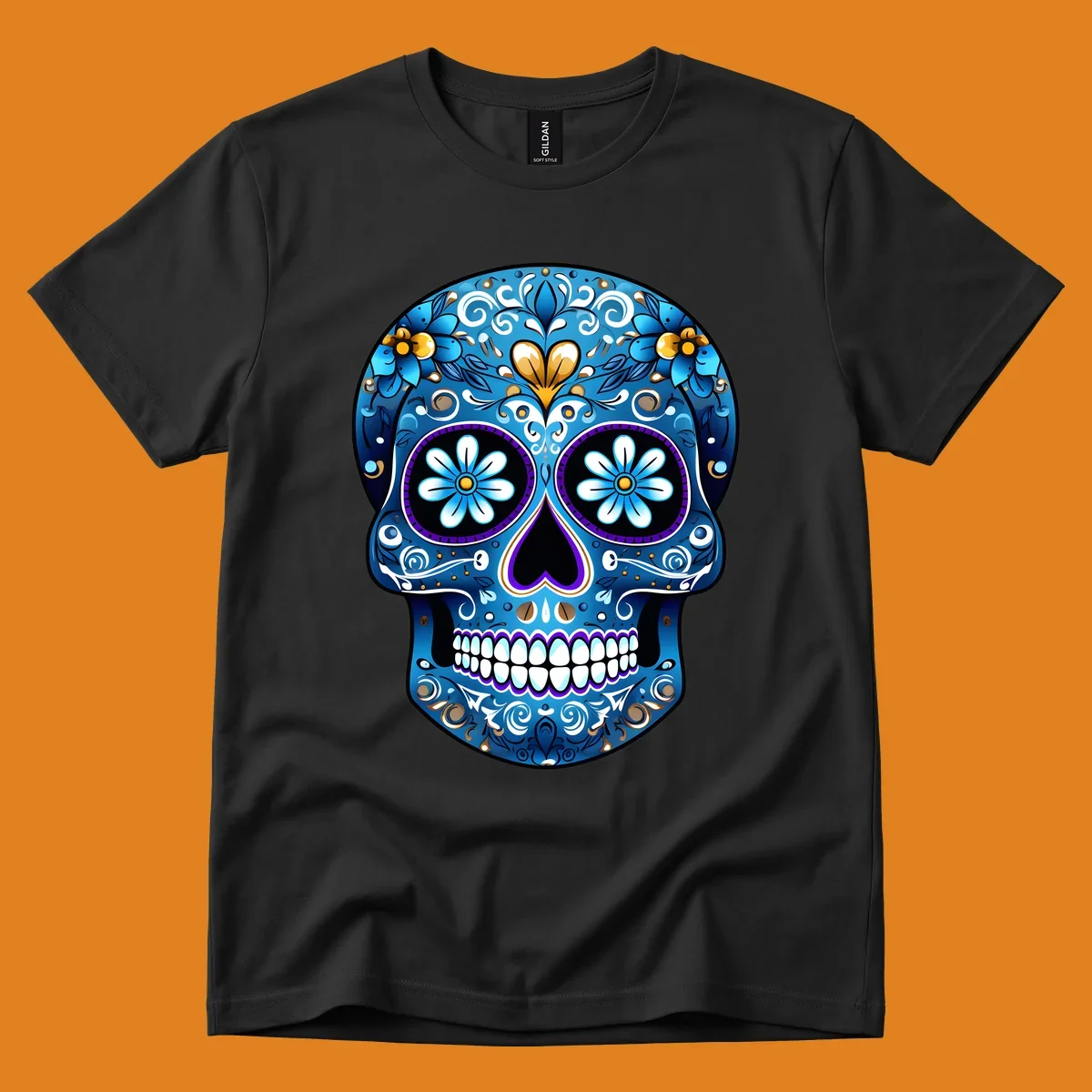 A vibrant blue floral sugar-skull illustration. The calavera is adorned with white, gold, and purple swirls and flowers.
