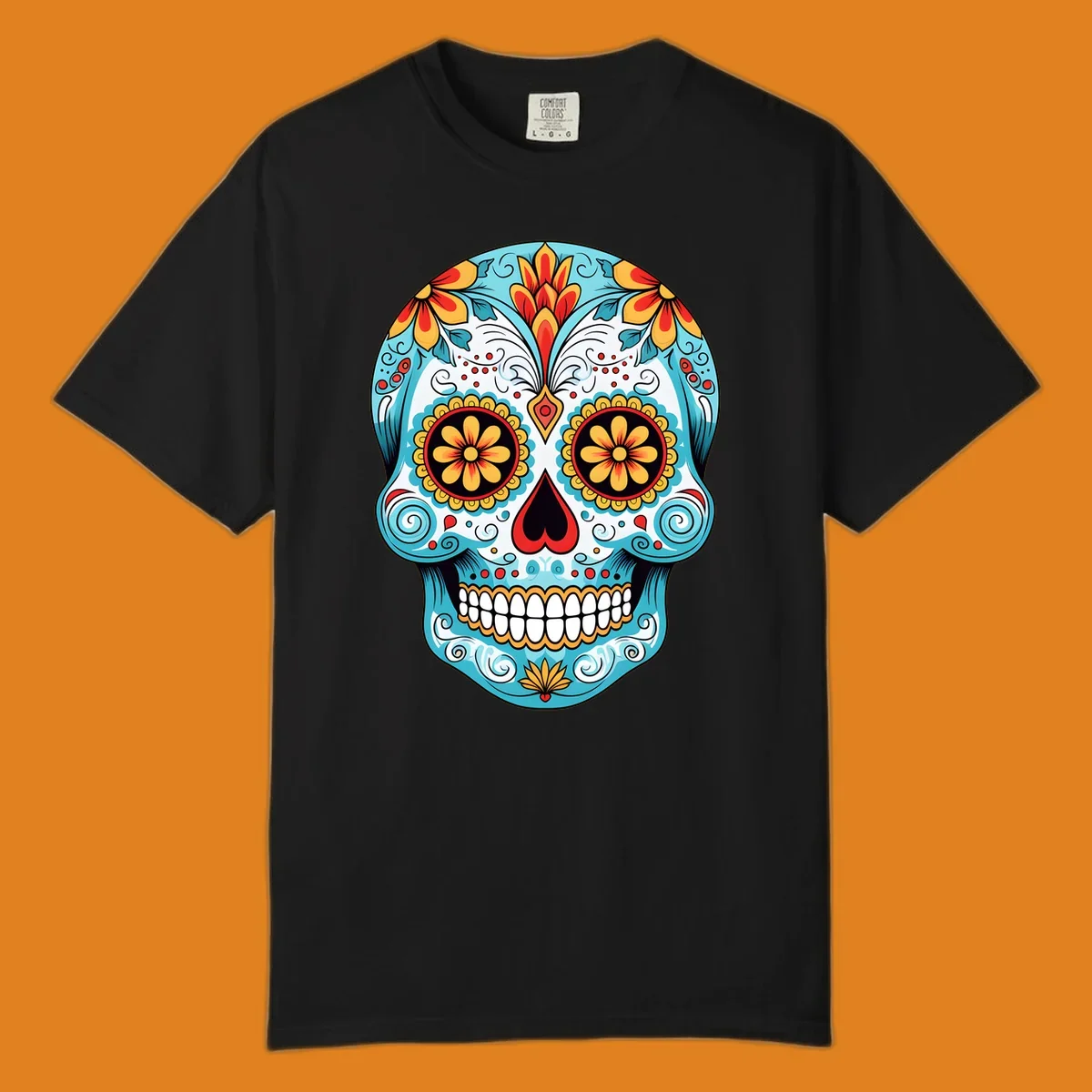 A vibrant floral sugar skull illustration in light blue, red, yellow, and orange, adorned with flowers and intricate patterns.