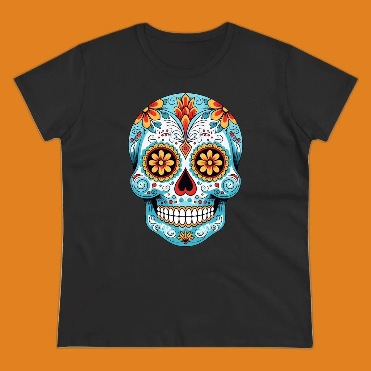 A vibrant floral sugar skull illustration in light blue, red, yellow, and orange, adorned with flowers and intricate patterns.