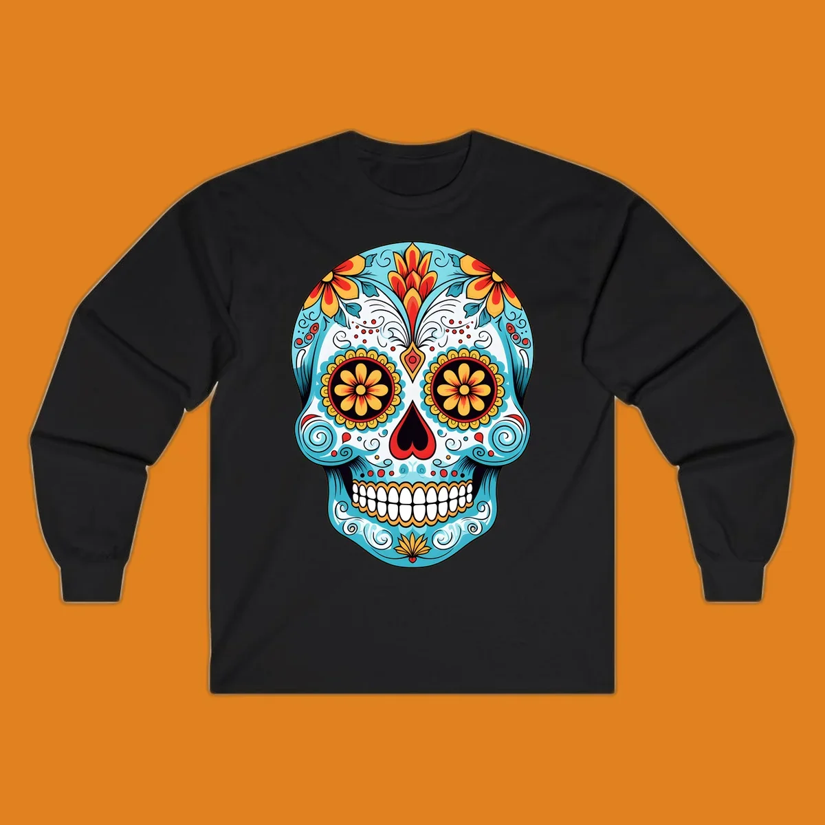 A vibrant floral sugar skull illustration in light blue, red, yellow, and orange, adorned with flowers and intricate patterns.