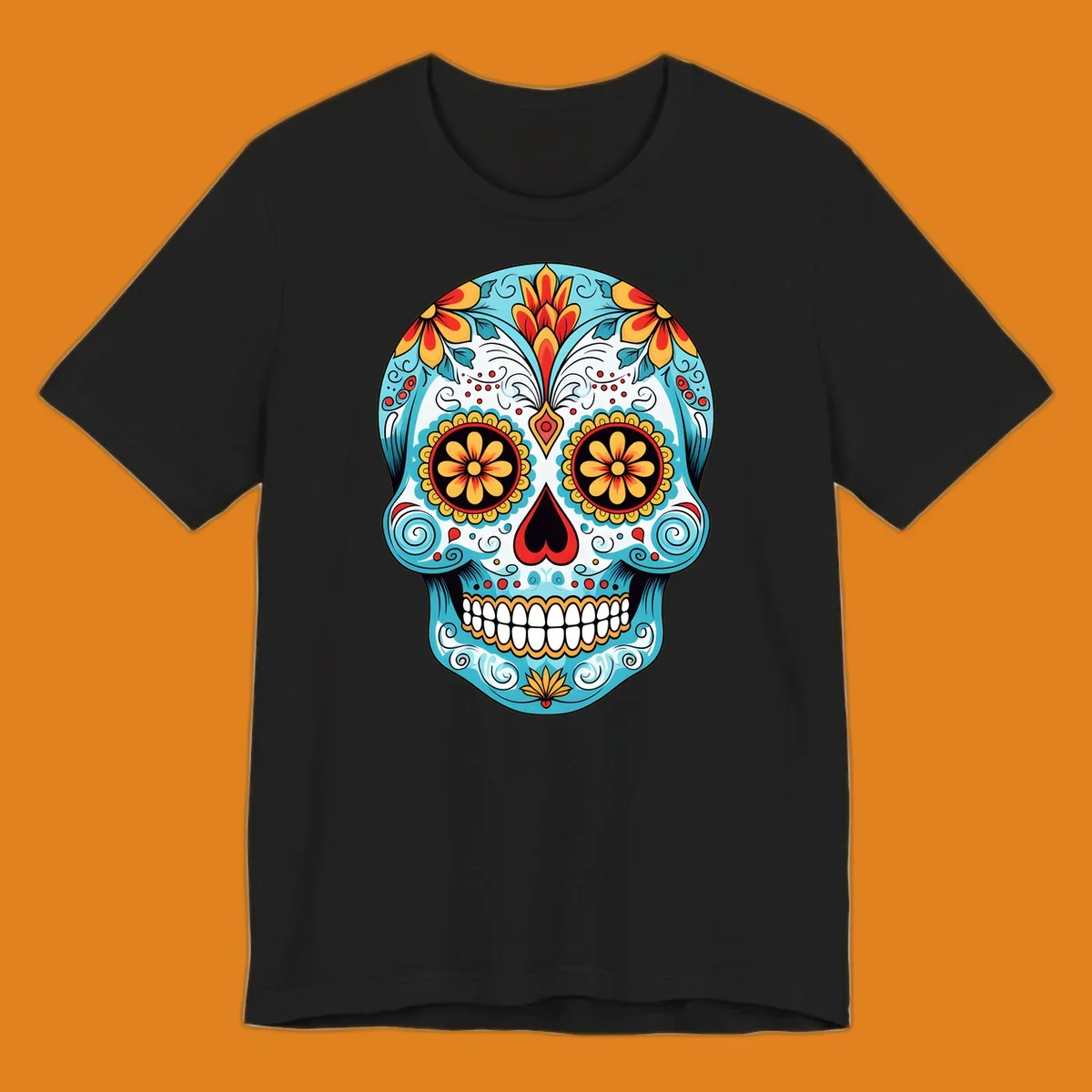 A vibrant floral sugar skull illustration in light blue, red, yellow, and orange, adorned with flowers and intricate patterns.