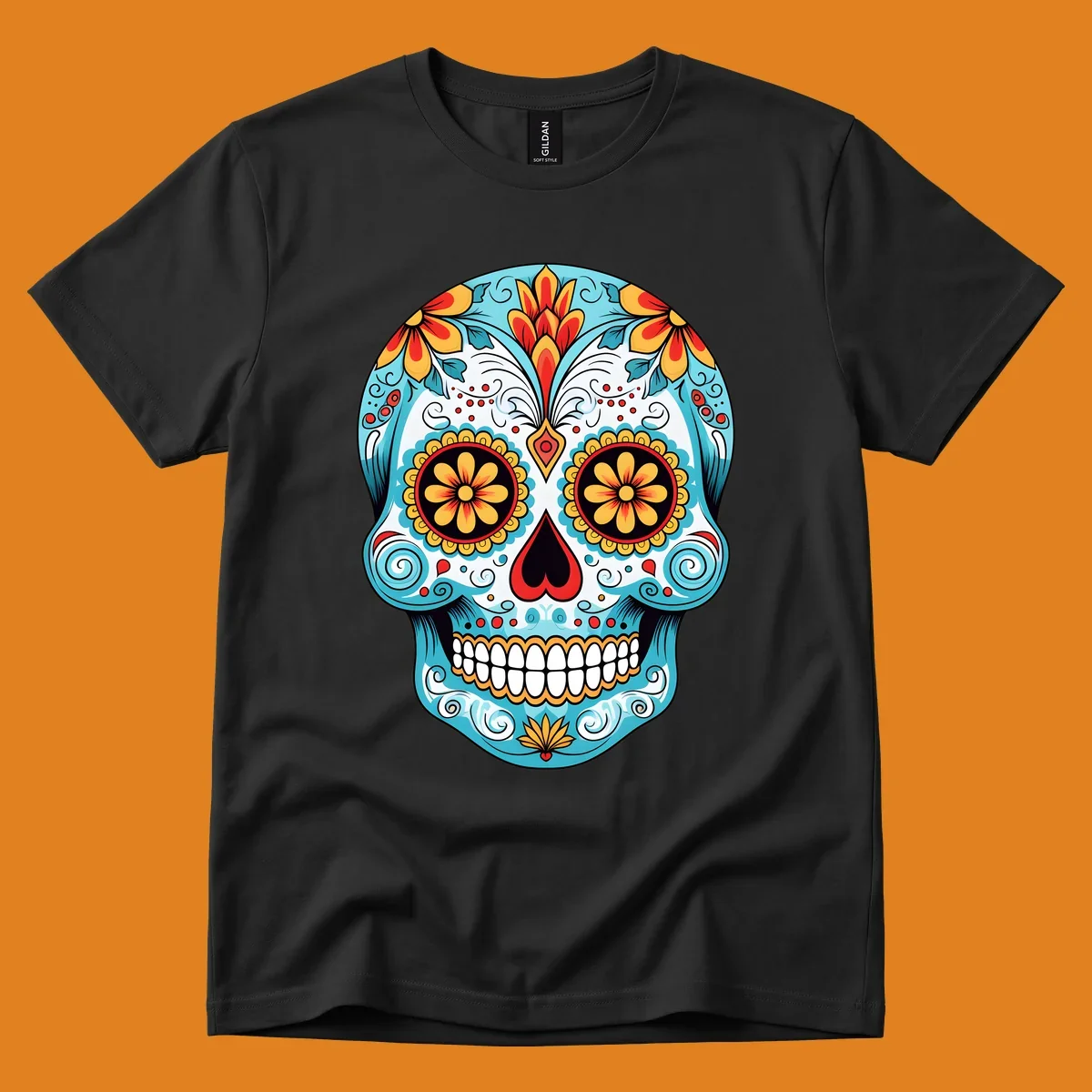 A vibrant floral sugar skull illustration in light blue, red, yellow, and orange, adorned with flowers and intricate patterns.