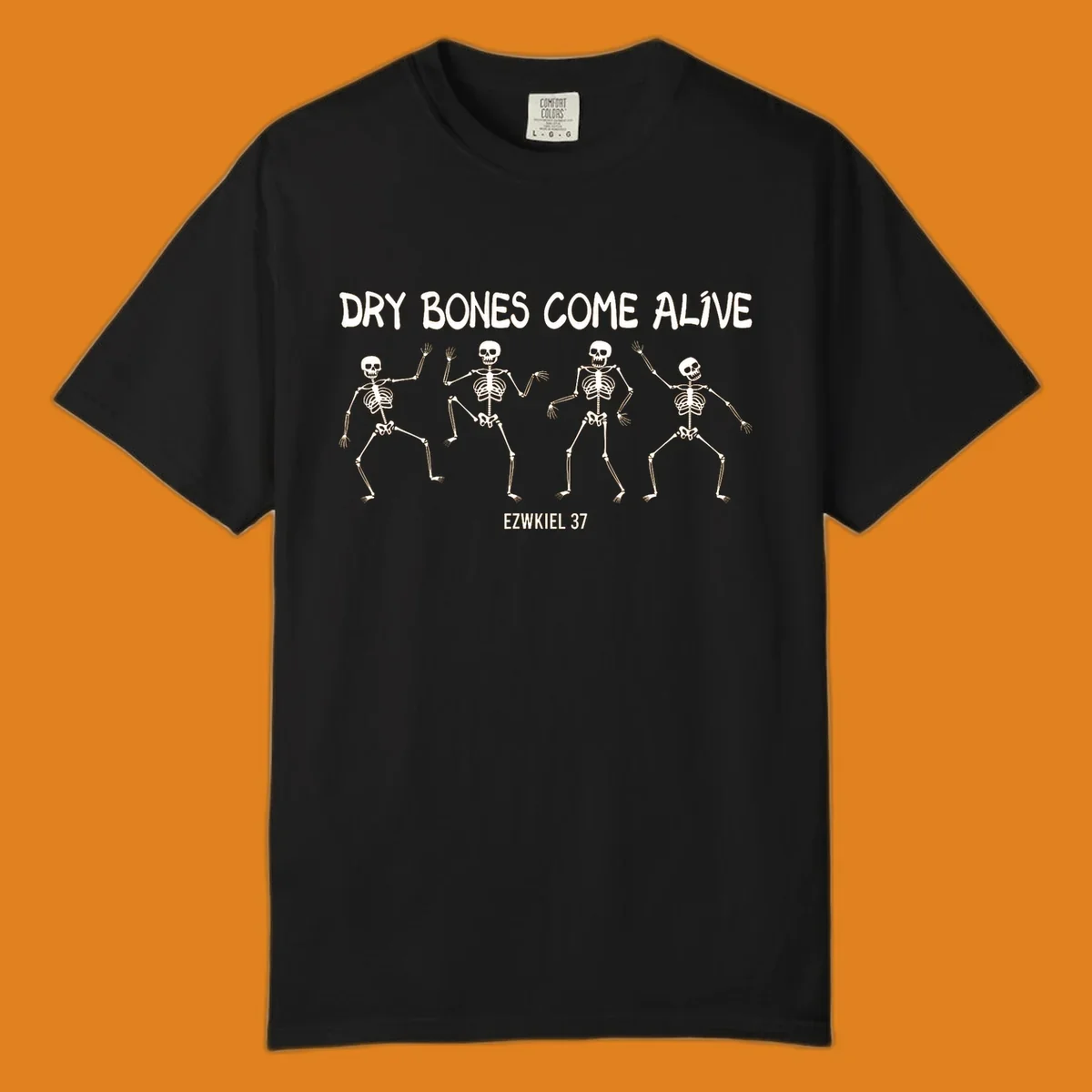 Four dancing skeletons with text 'Dry Bones Come Alive Ezekiel 37', representing the dry bones come alive concept.