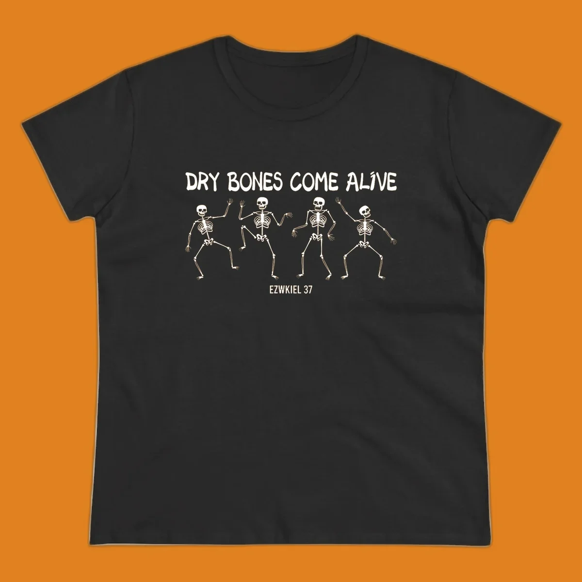 Four dancing skeletons with text 'Dry Bones Come Alive Ezekiel 37', representing the dry bones come alive concept.