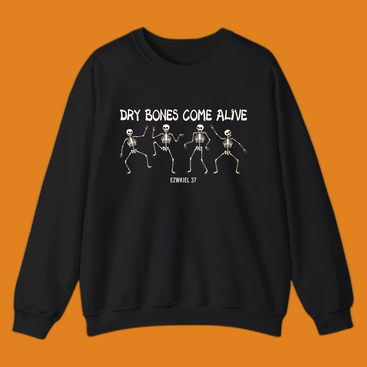 Four dancing skeletons with text 'Dry Bones Come Alive Ezekiel 37', representing the dry bones come alive concept.