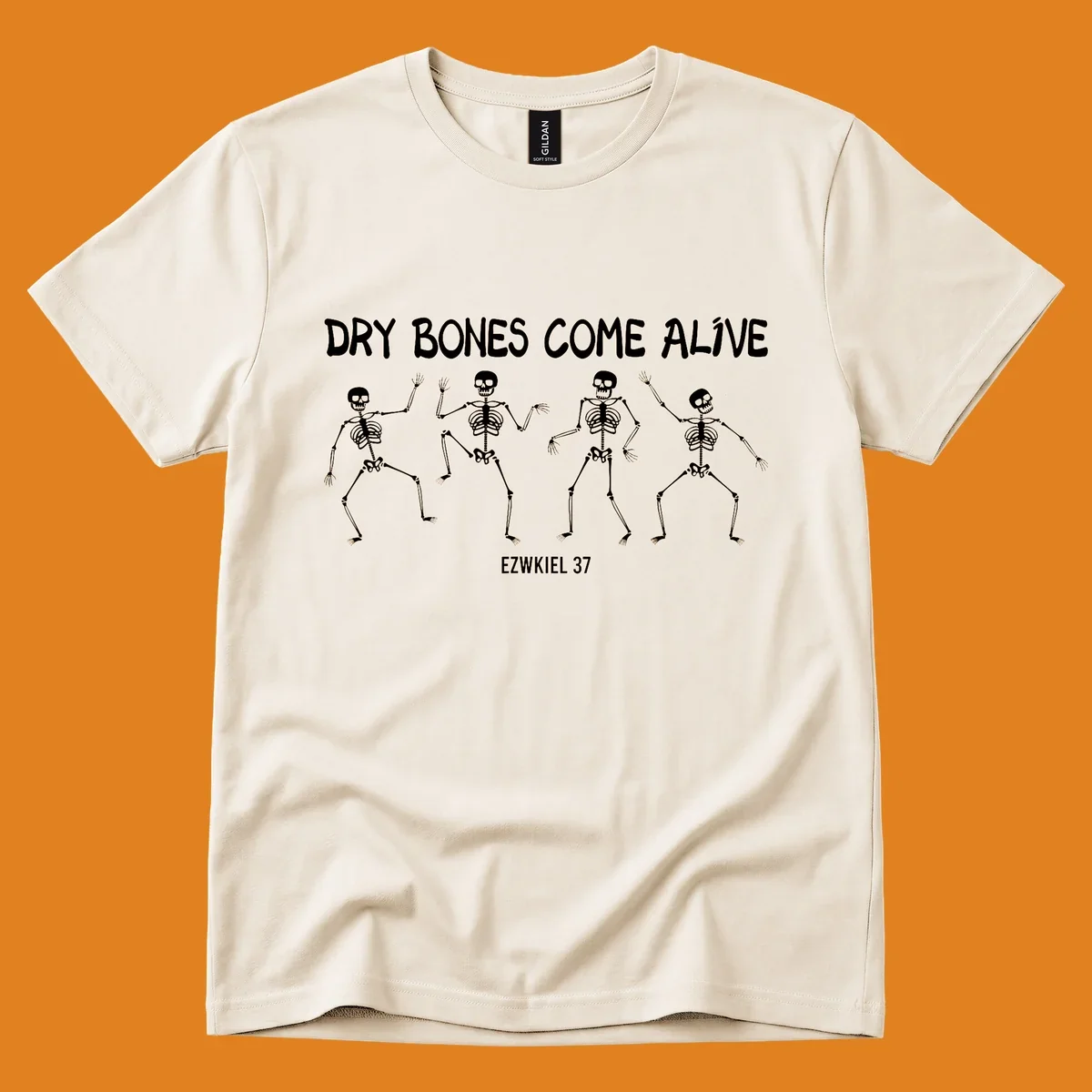 Four dancing skeletons with text 'Dry Bones Come Alive Ezekiel 37', representing the dry bones come alive concept.