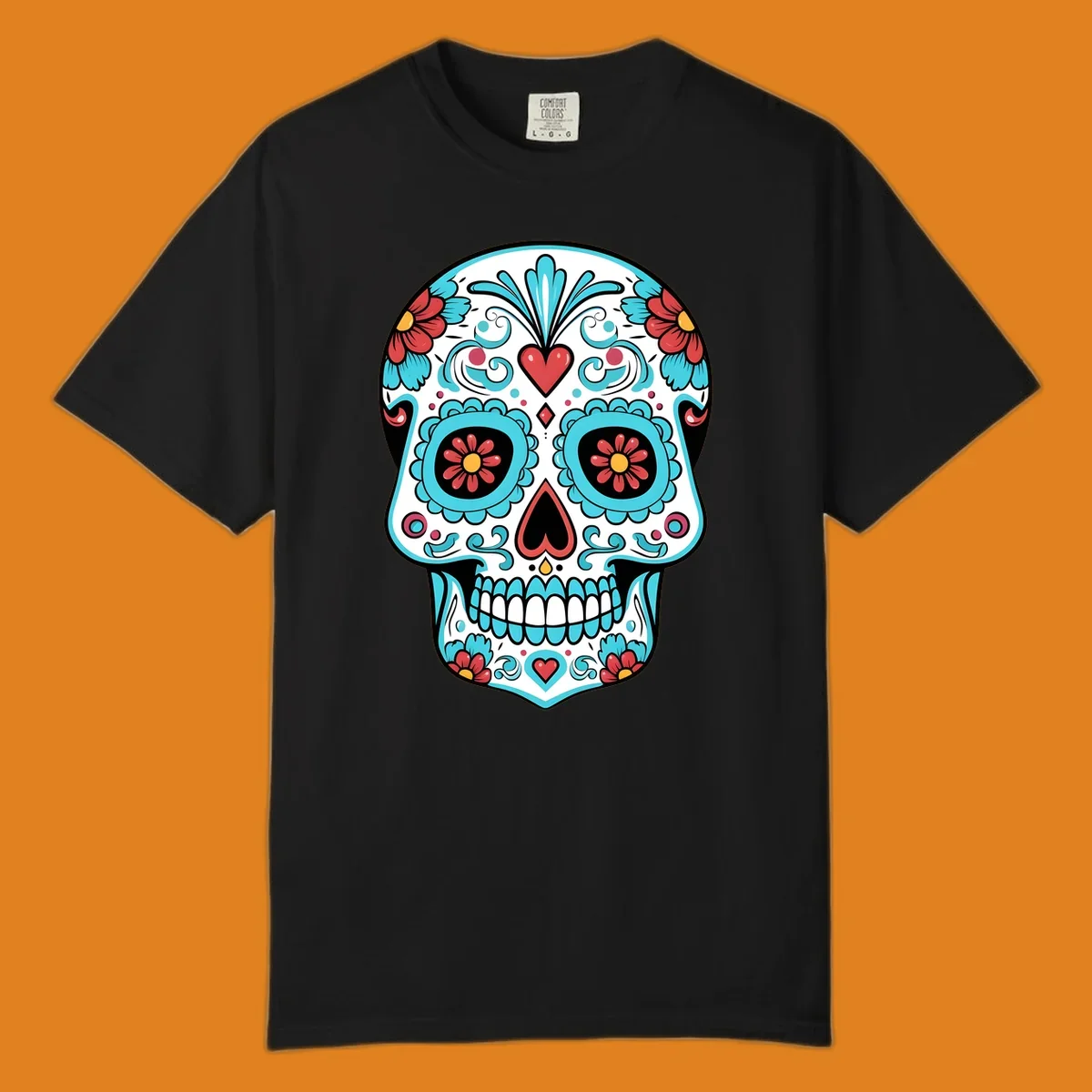 A vibrant calavera sugar skull illustration with teal flowers, red hearts, and yellow accents on a white skull base.