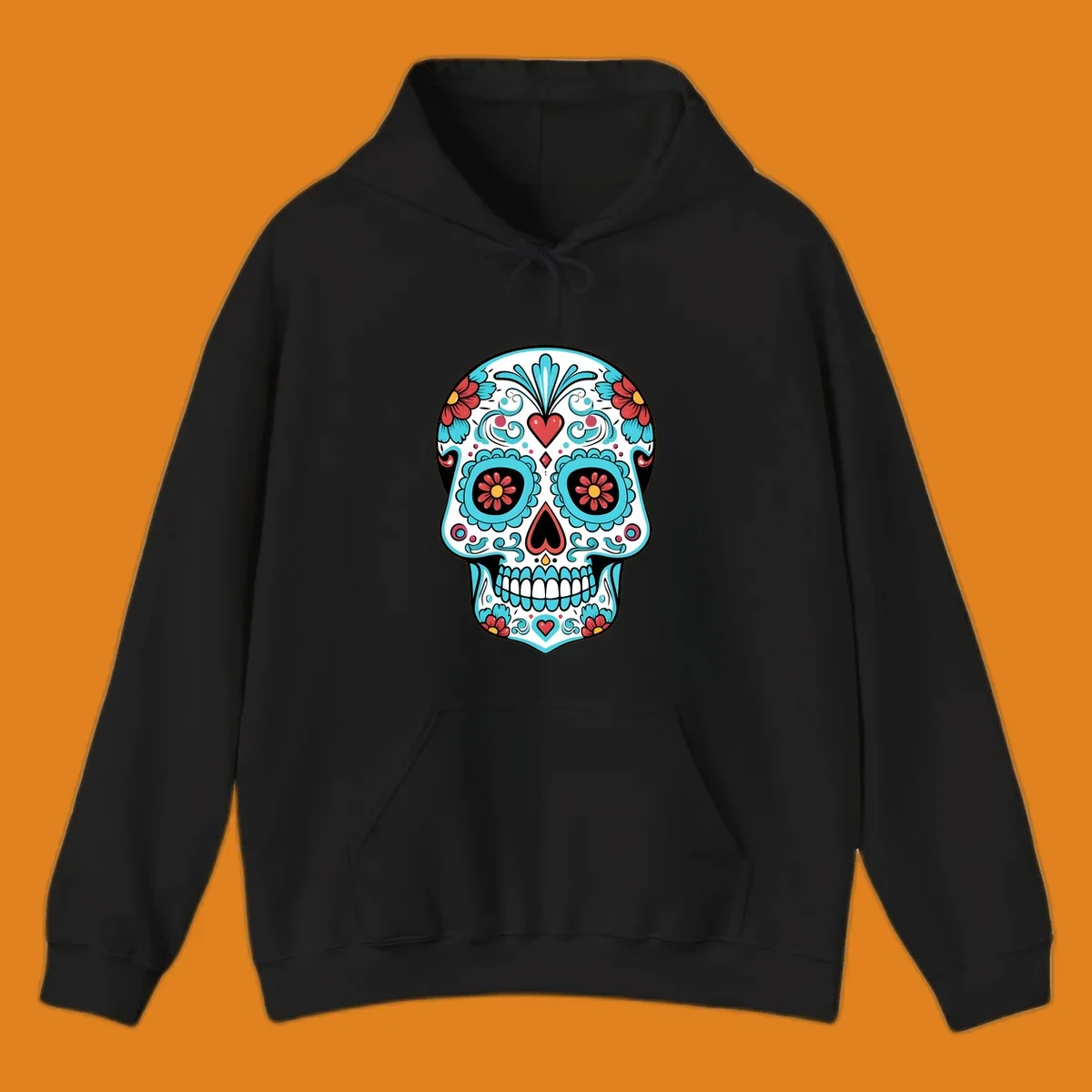 A vibrant calavera sugar skull illustration with teal flowers, red hearts, and yellow accents on a white skull base.