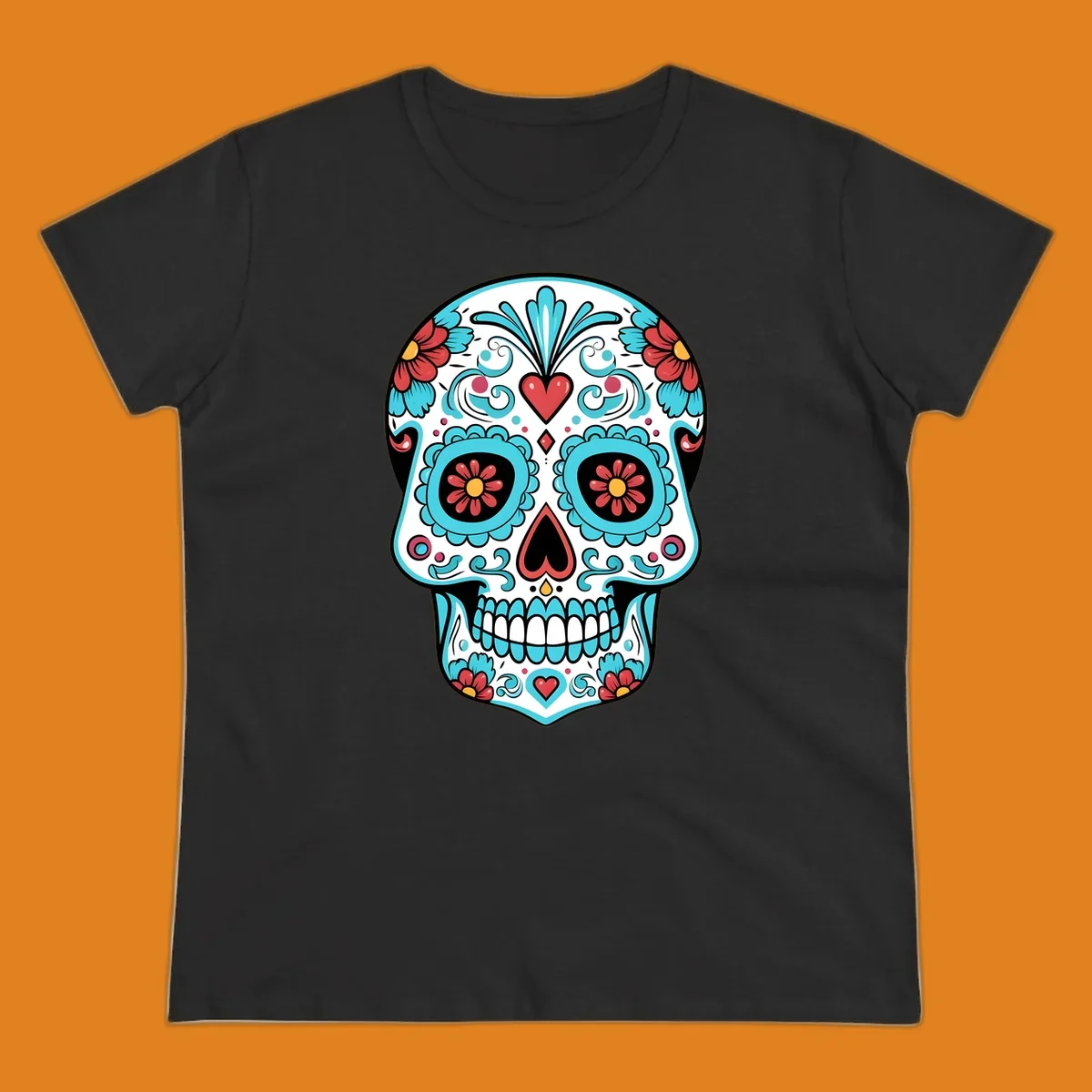 A vibrant calavera sugar skull illustration with teal flowers, red hearts, and yellow accents on a white skull base.