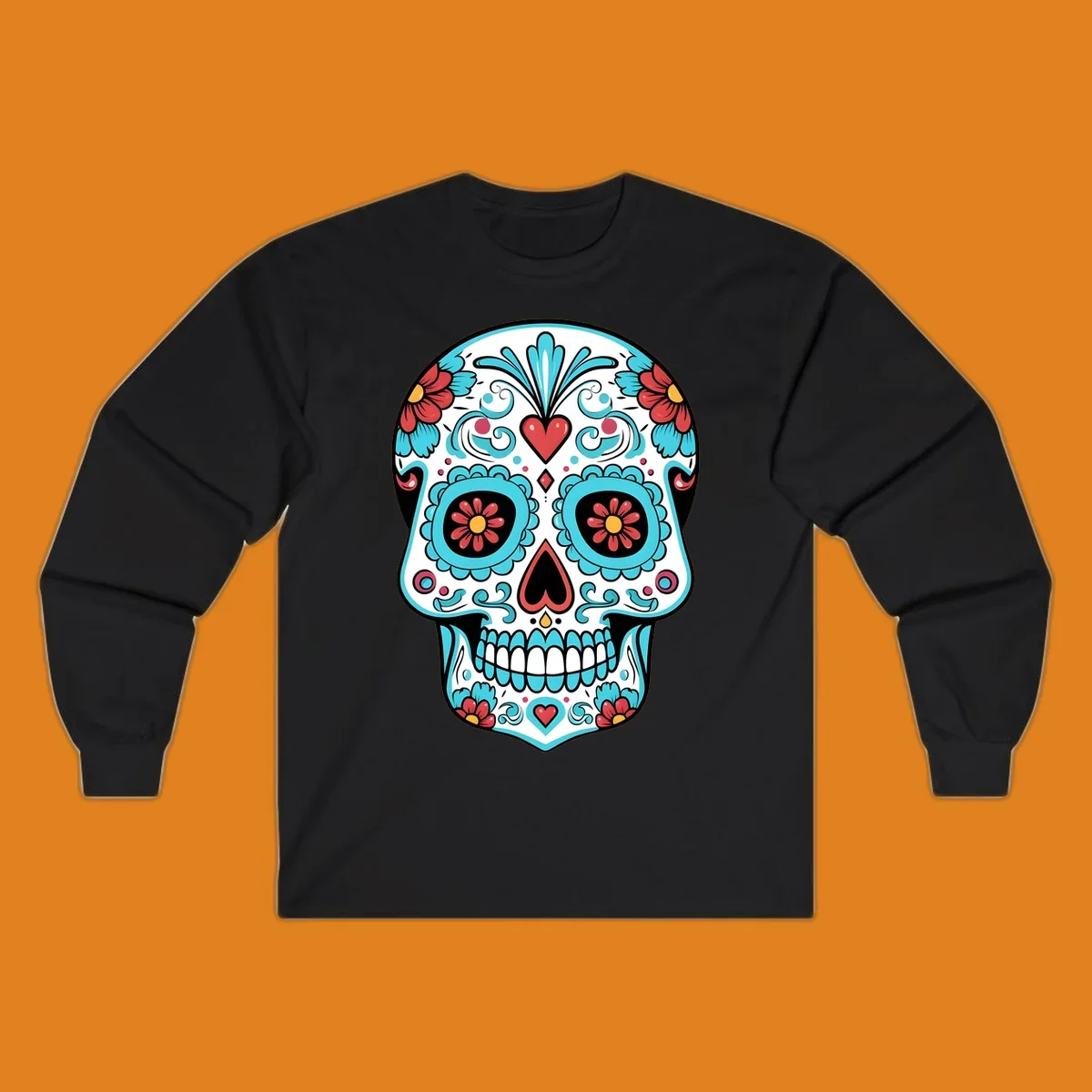 A vibrant calavera sugar skull illustration with teal flowers, red hearts, and yellow accents on a white skull base.