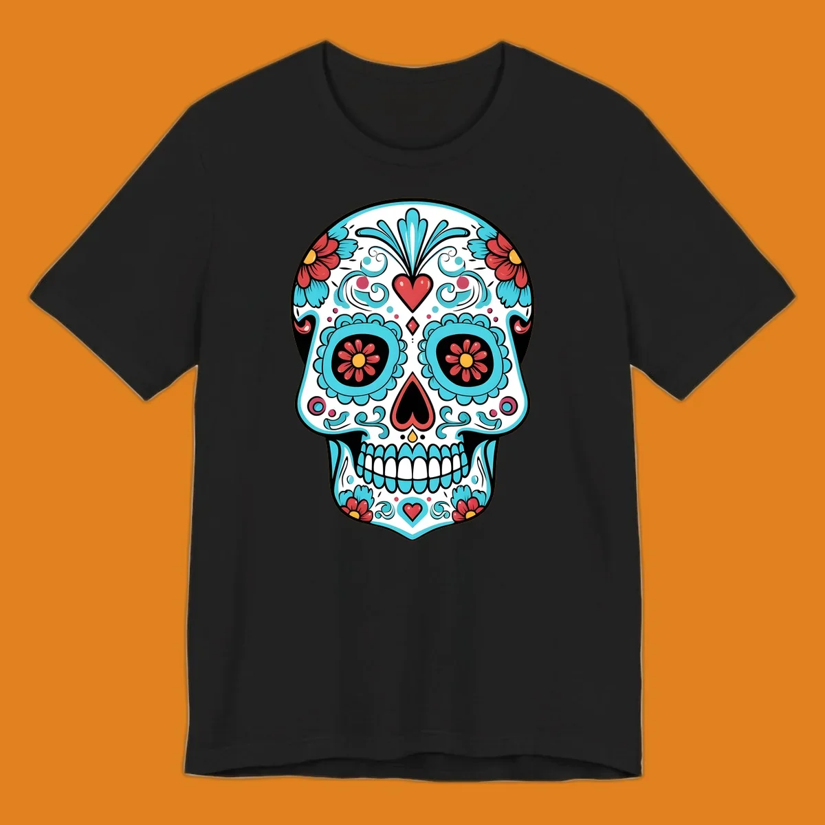 A vibrant calavera sugar skull illustration with teal flowers, red hearts, and yellow accents on a white skull base.