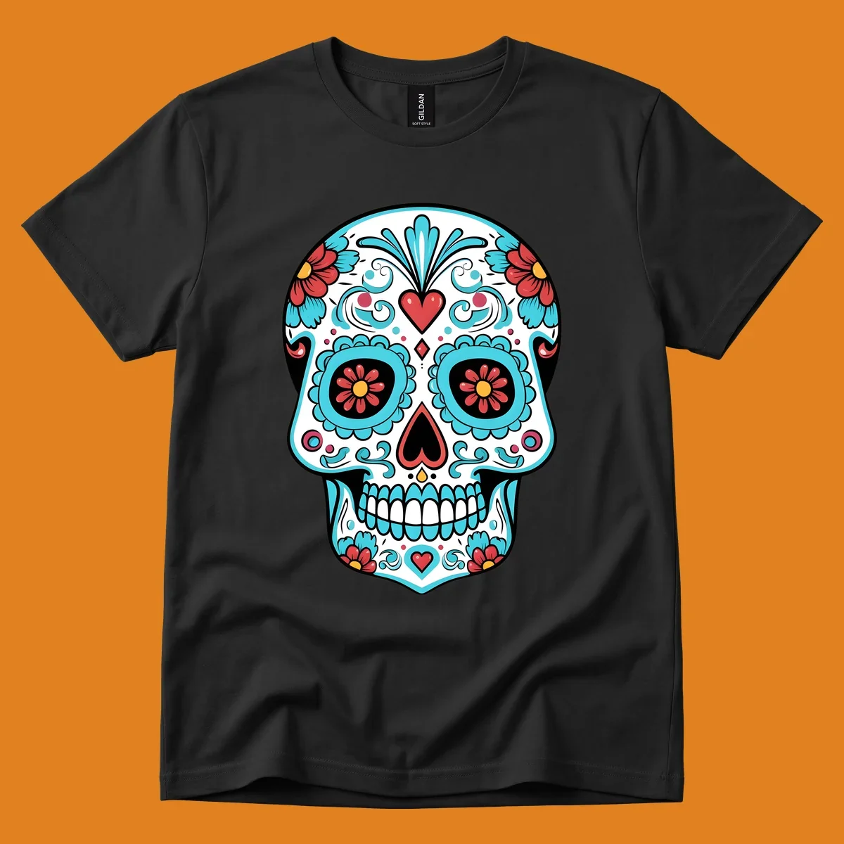 A vibrant calavera sugar skull illustration with teal flowers, red hearts, and yellow accents on a white skull base.