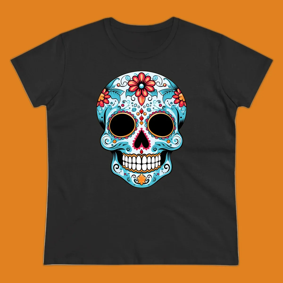 A vibrant floral sugar skull with light blue skin, red and orange flowers, green leaves, and intricate scrollwork, outlined in black.